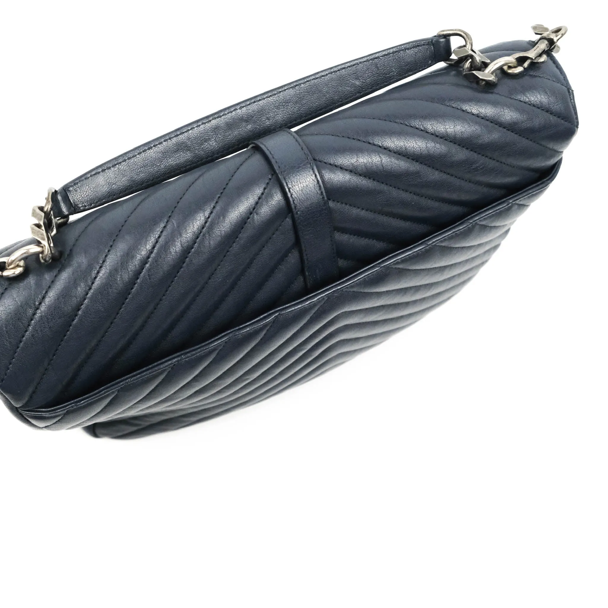 Saint Laurent Chevron Large College Navy Chain Bag Ruthenium Hardware