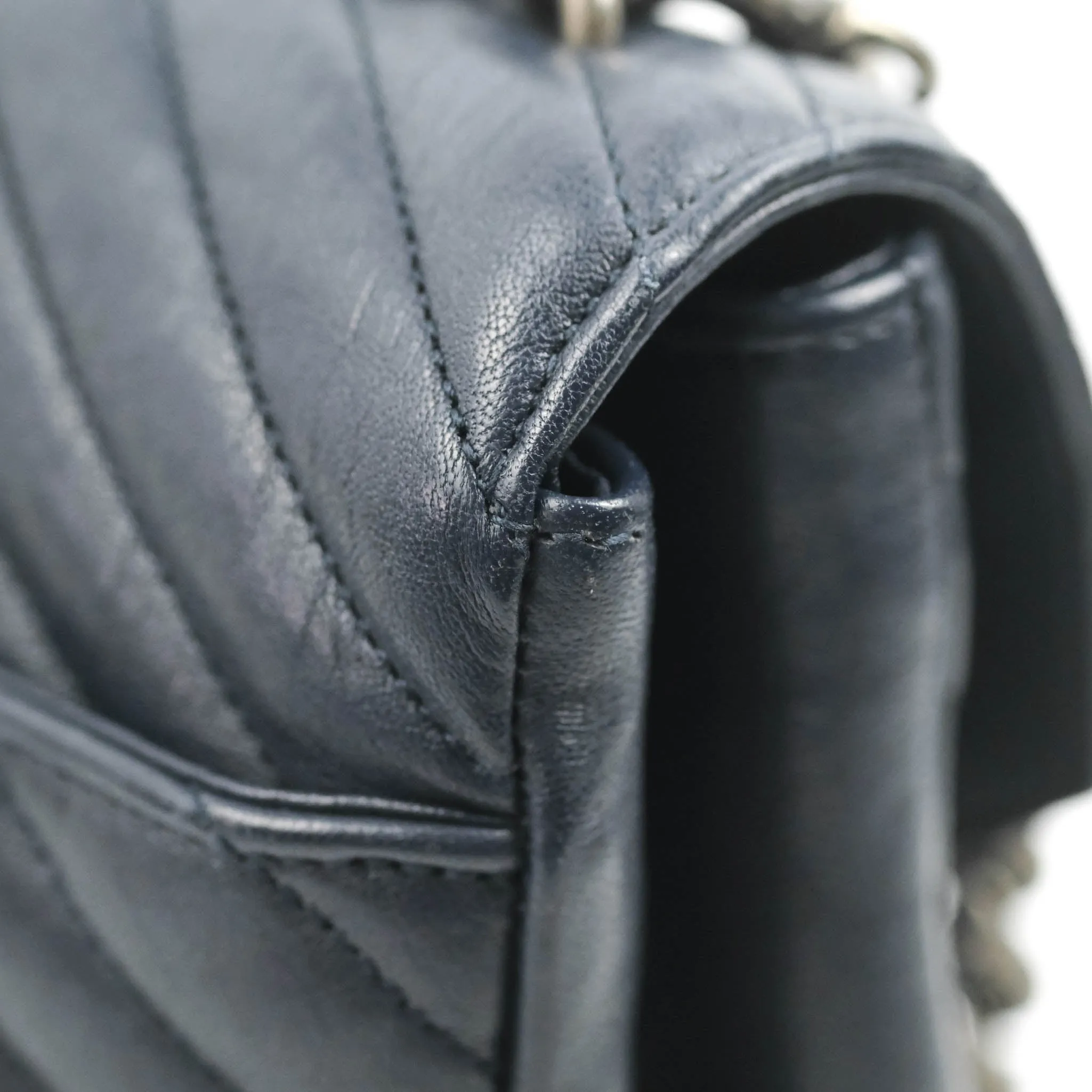 Saint Laurent Chevron Large College Navy Chain Bag Ruthenium Hardware