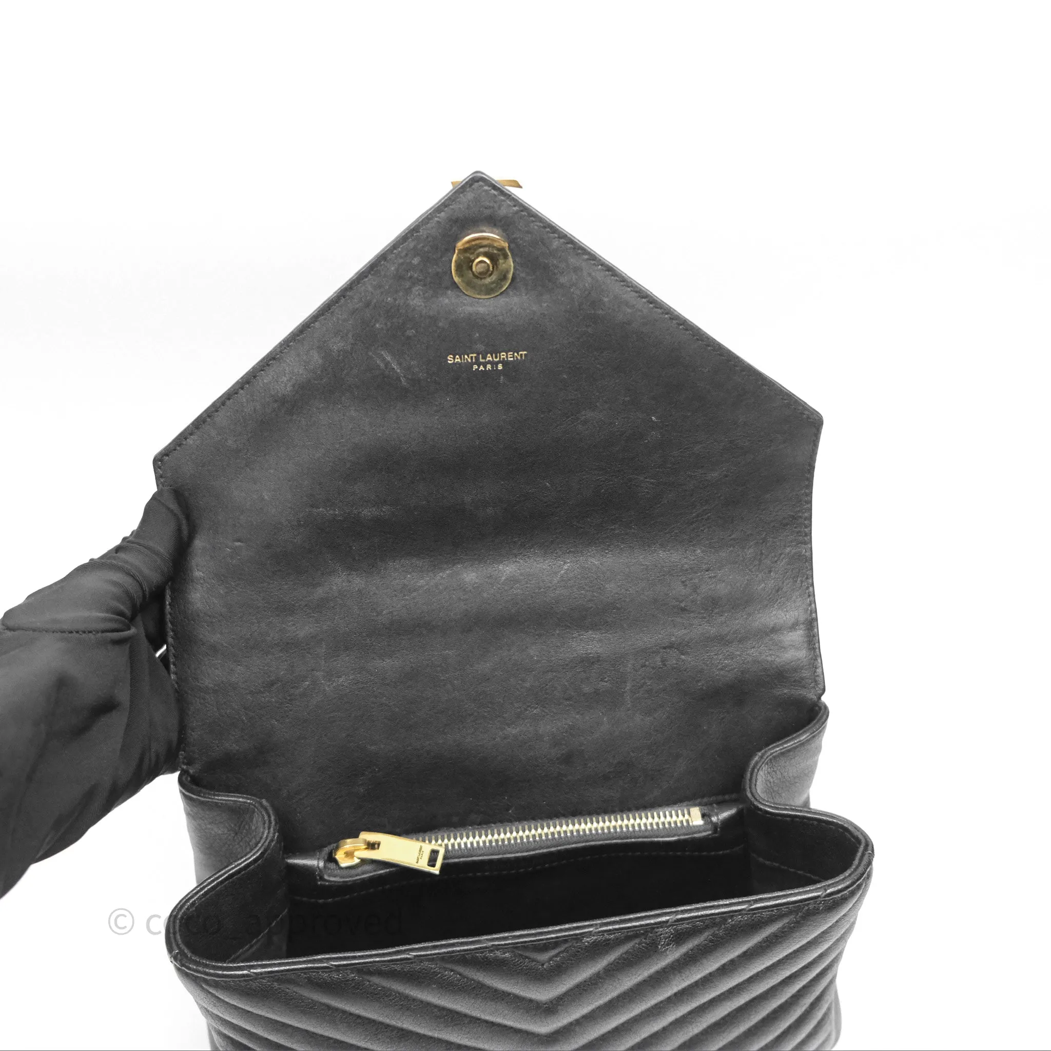 Saint Laurent Chevron Medium College Black Chain Bag Gold Hardware