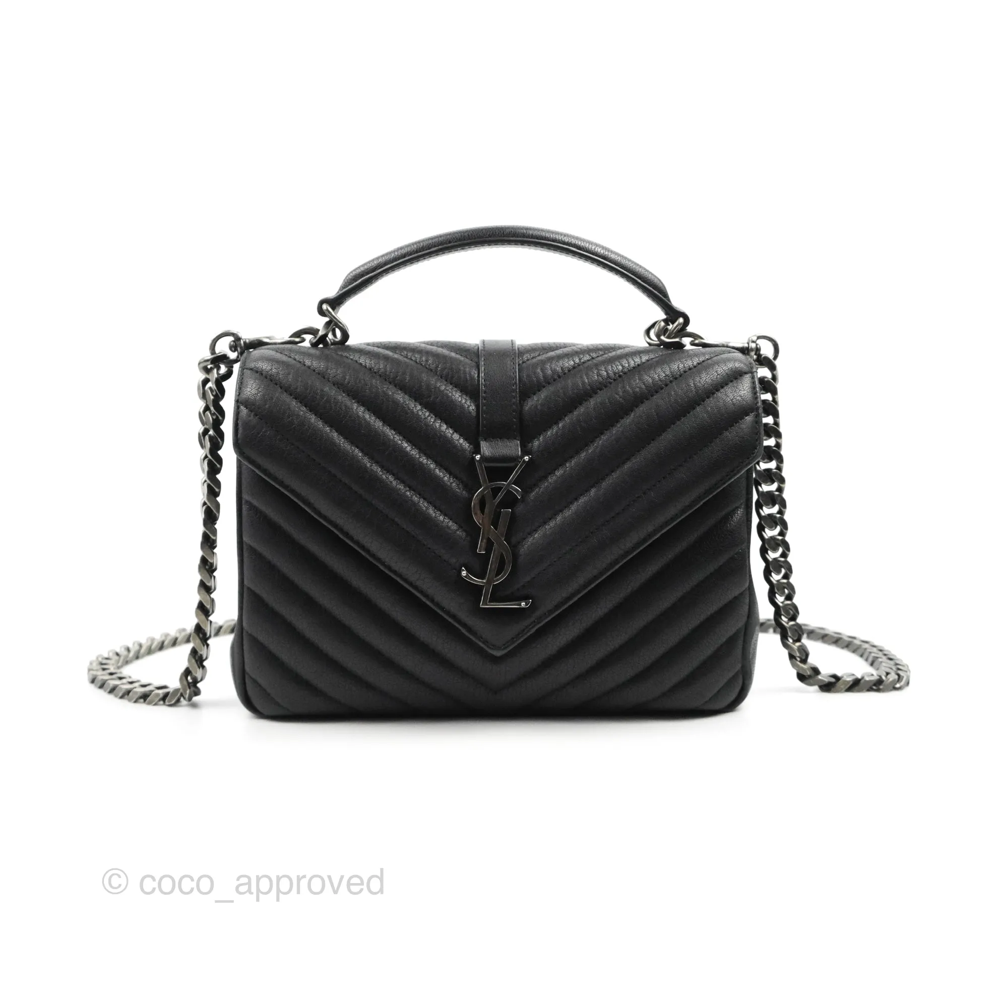 Saint Laurent Chevron Medium College Black Chain Bag Ruthenium Hardware