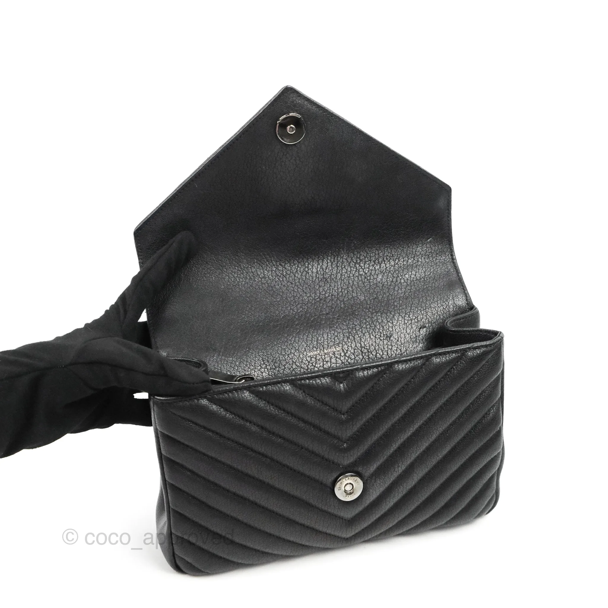 Saint Laurent Chevron Medium College Black Chain Bag Ruthenium Hardware