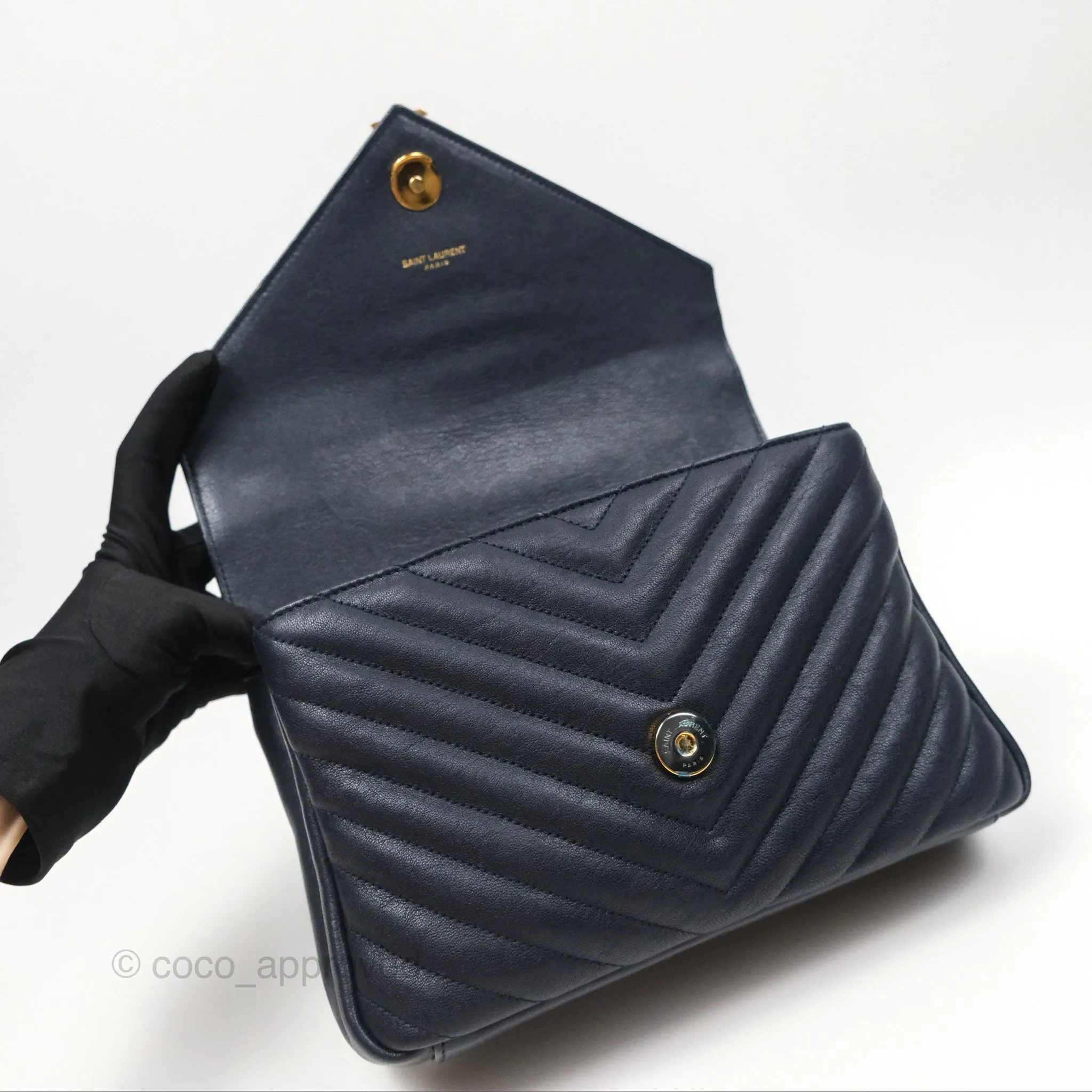 Saint Laurent Chevron Medium College Navy Chain Bag Gold Hardware