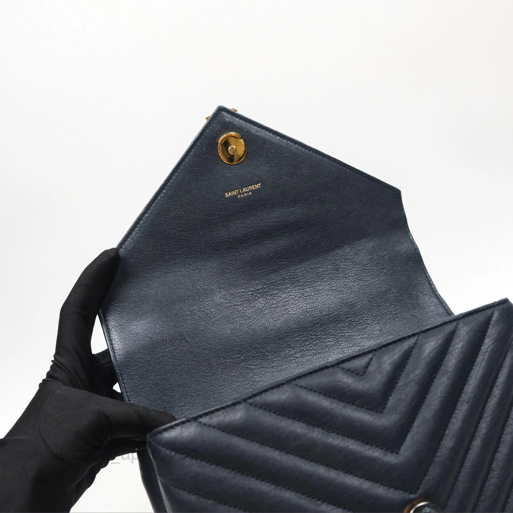 Saint Laurent Chevron Medium College Navy Chain Bag Gold Hardware