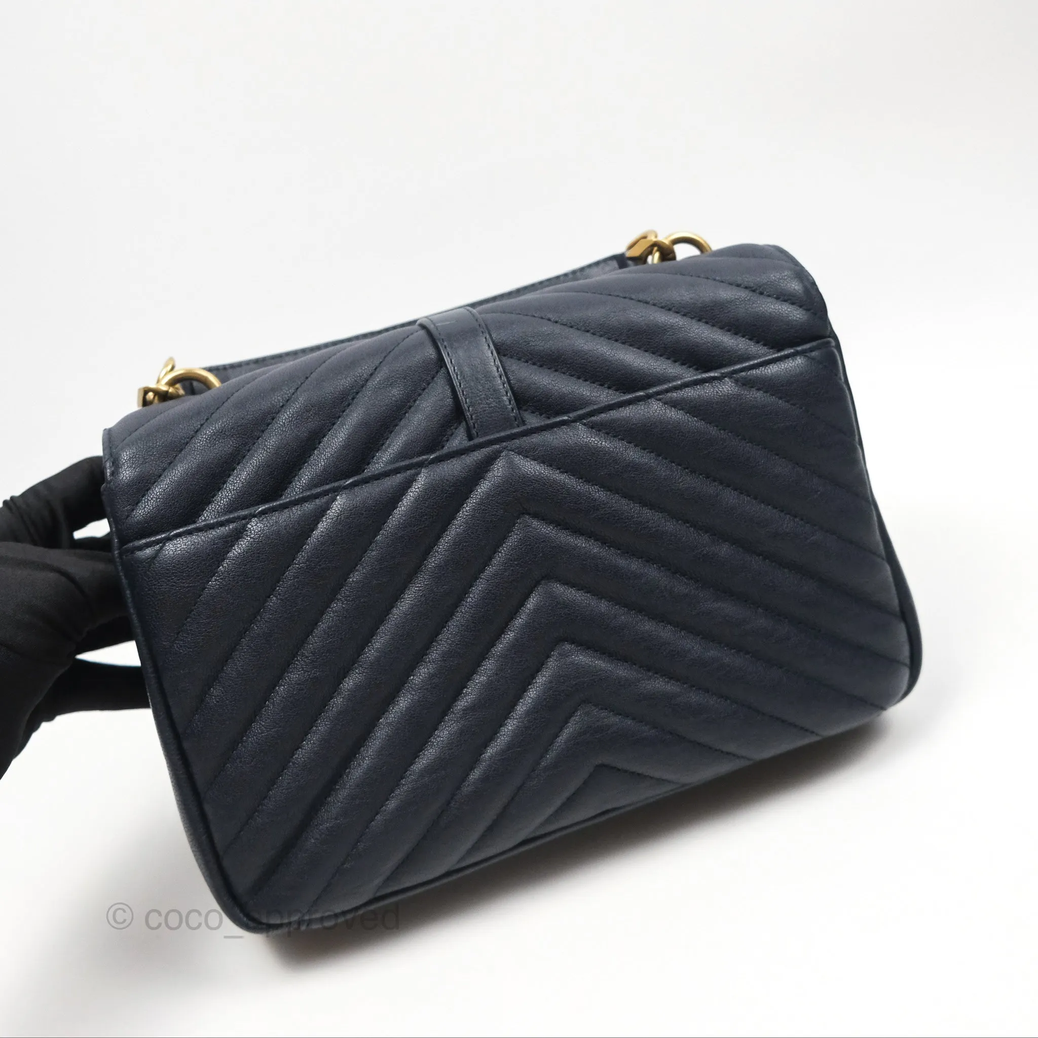 Saint Laurent Chevron Medium College Navy Chain Bag Gold Hardware
