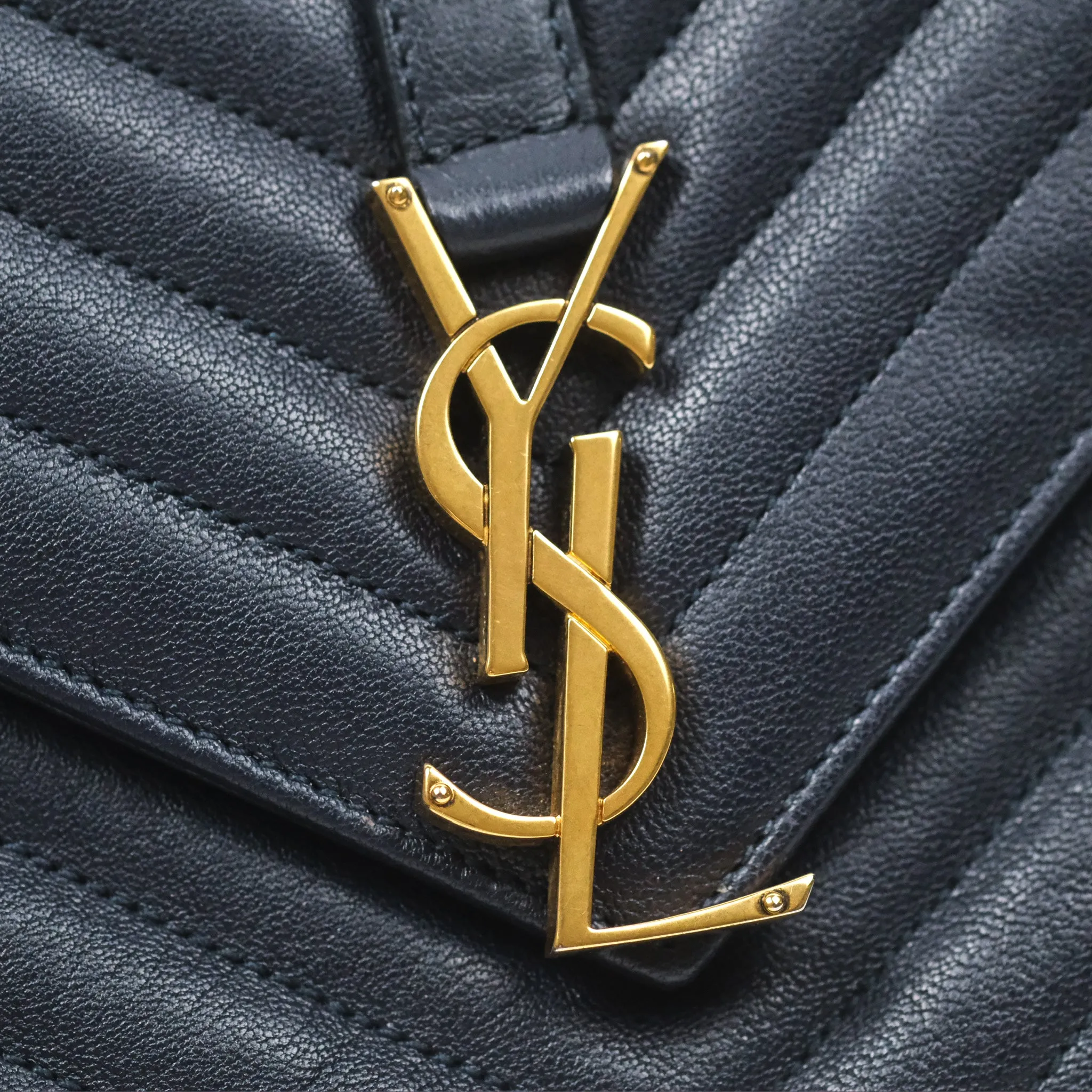 Saint Laurent Chevron Medium College Navy Chain Bag Gold Hardware