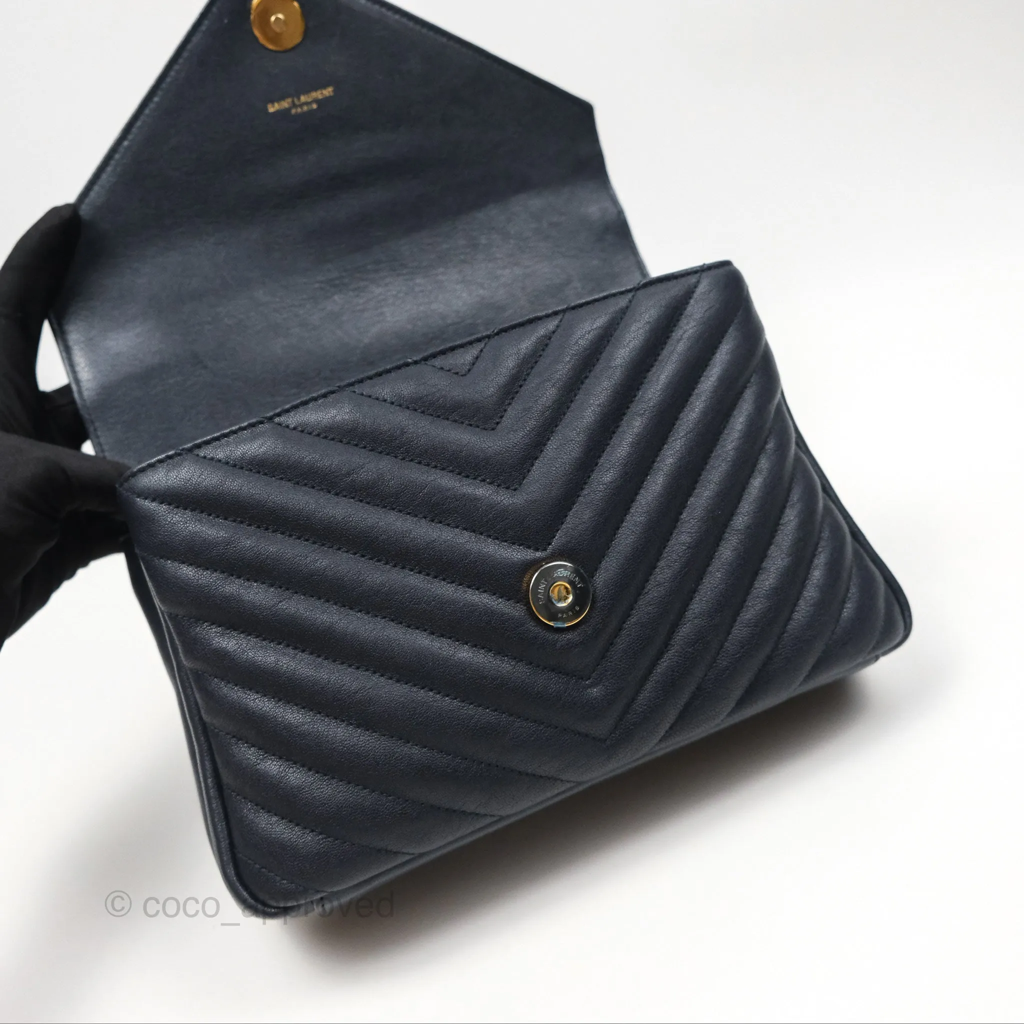 Saint Laurent Chevron Medium College Navy Chain Bag Gold Hardware