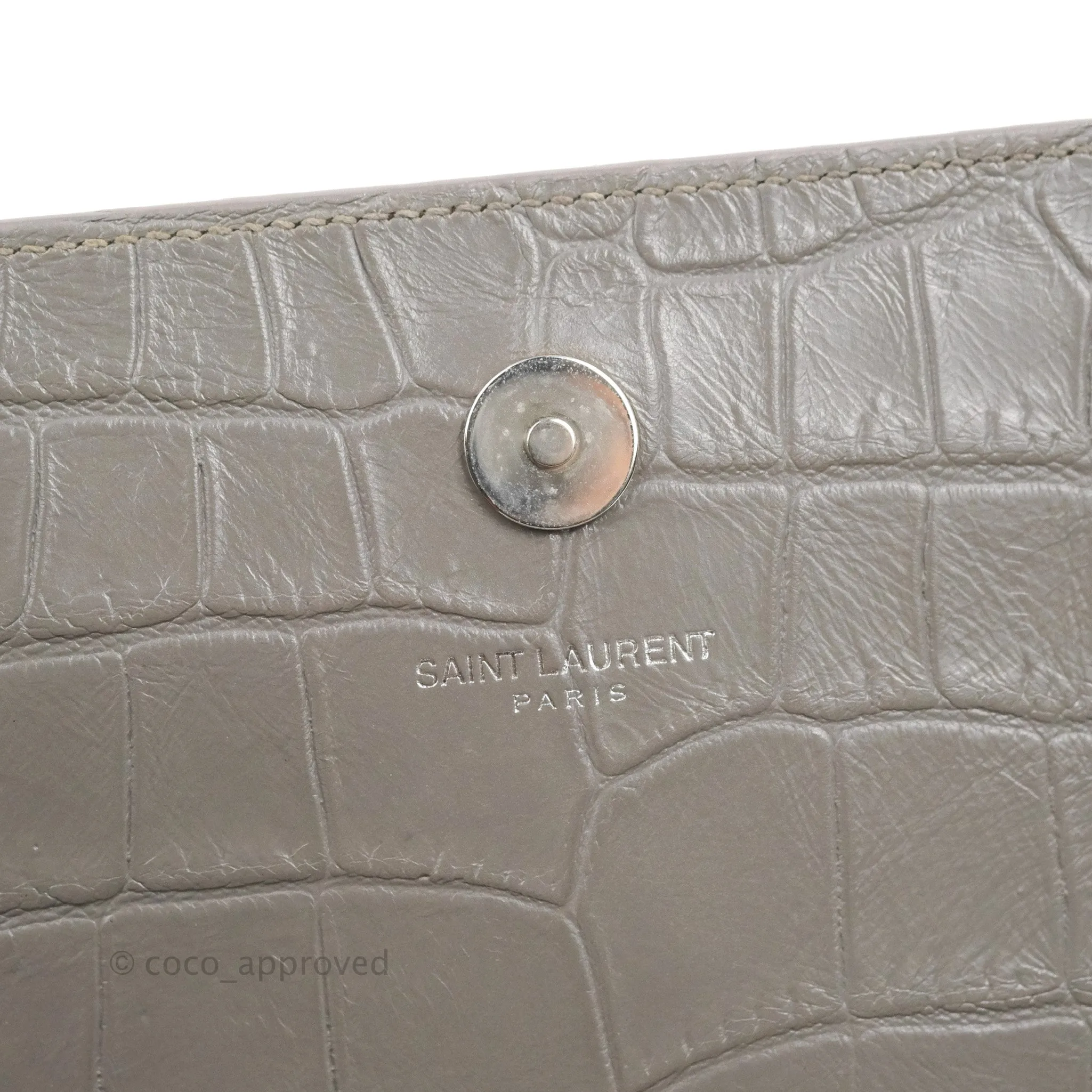 Saint Laurent Clutch Bag Grey Croc-Embossed Silver Hardware