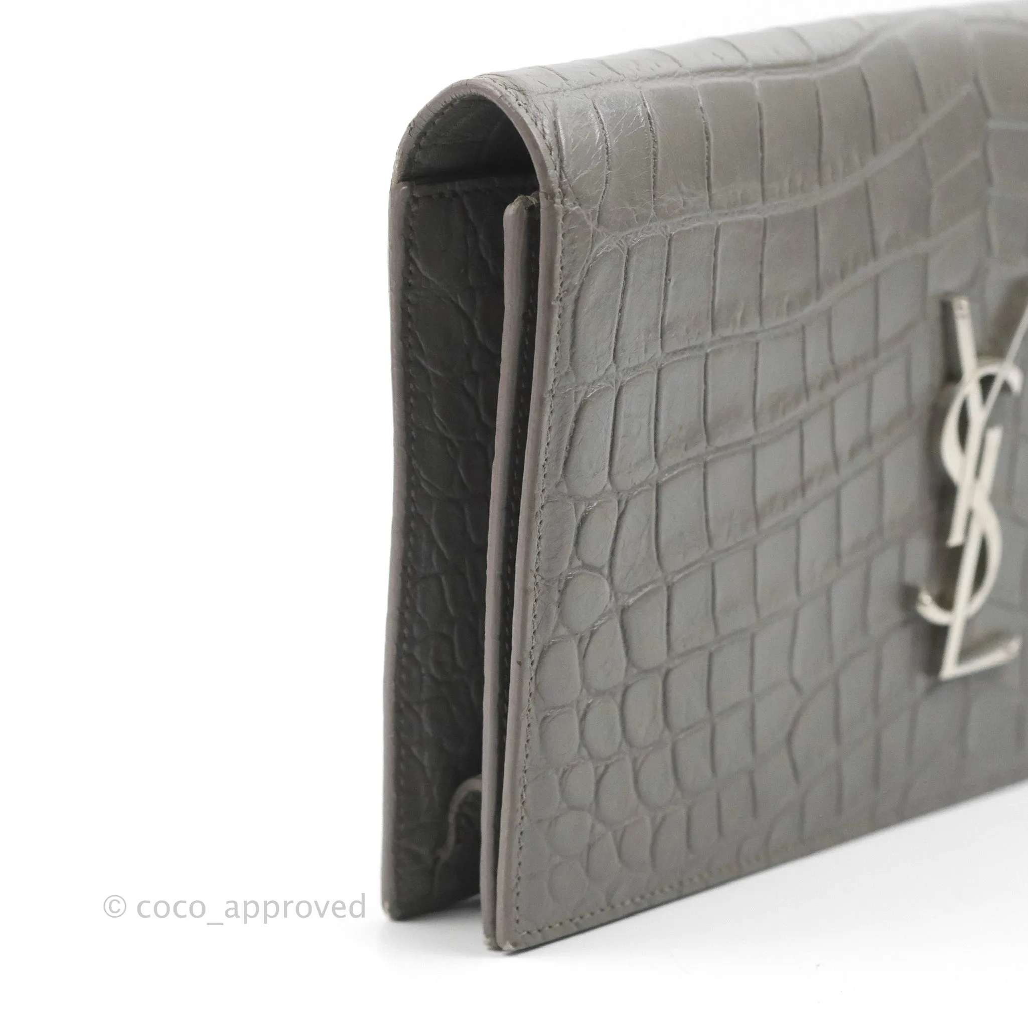 Saint Laurent Clutch Bag Grey Croc-Embossed Silver Hardware
