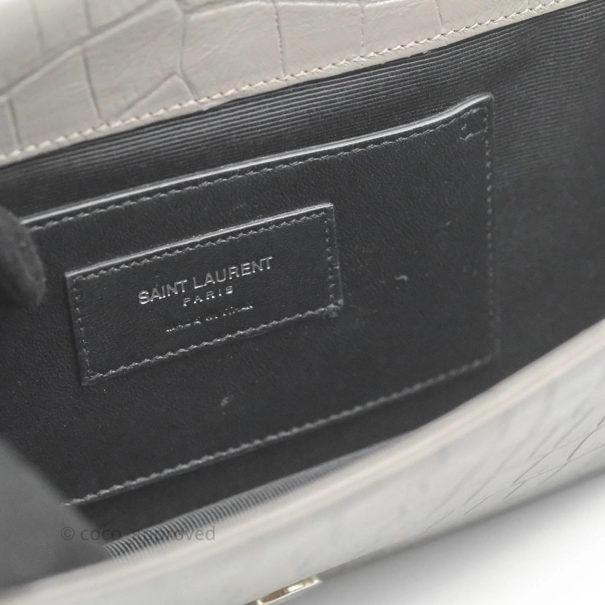 Saint Laurent Clutch Bag Grey Croc-Embossed Silver Hardware