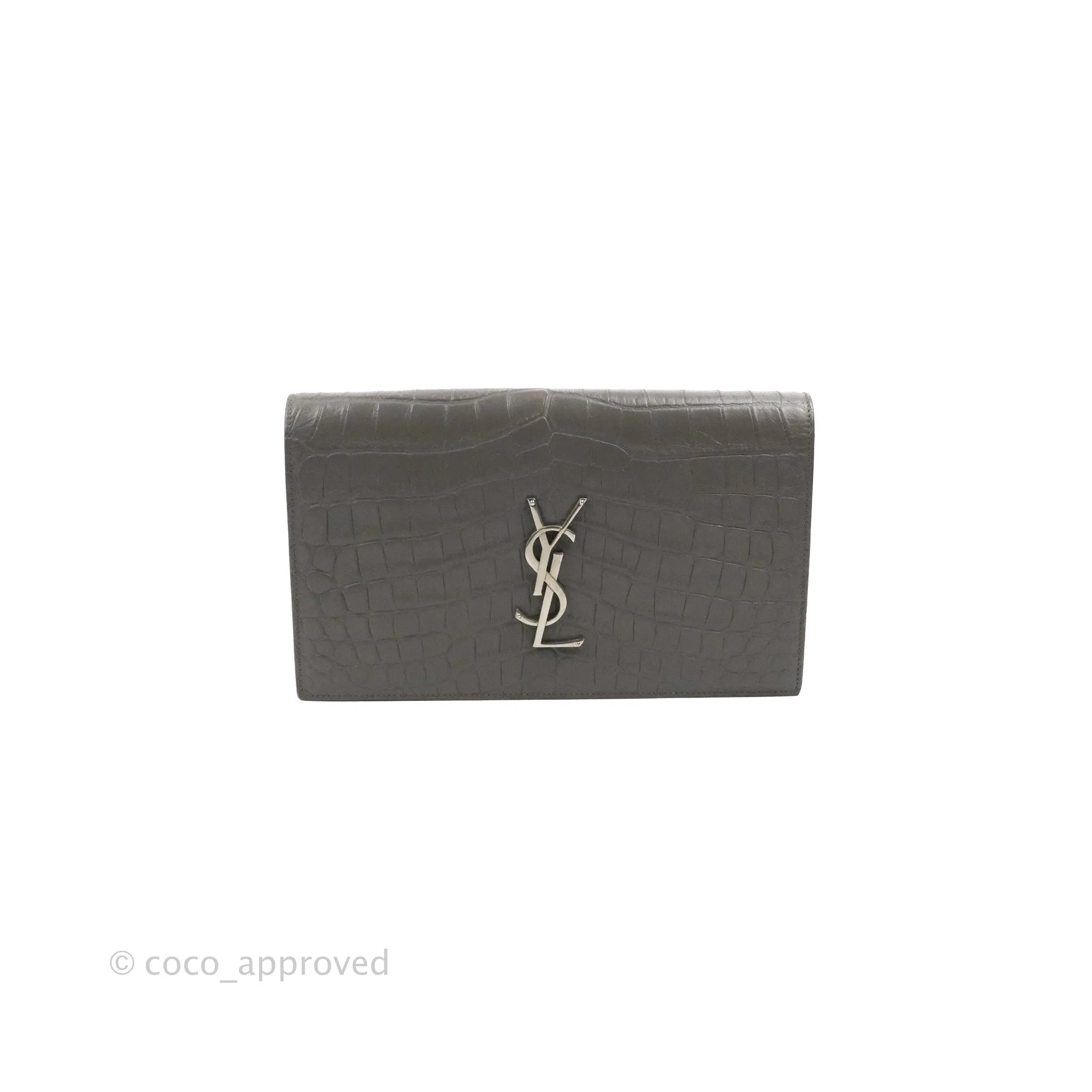 Saint Laurent Clutch Bag Grey Croc-Embossed Silver Hardware