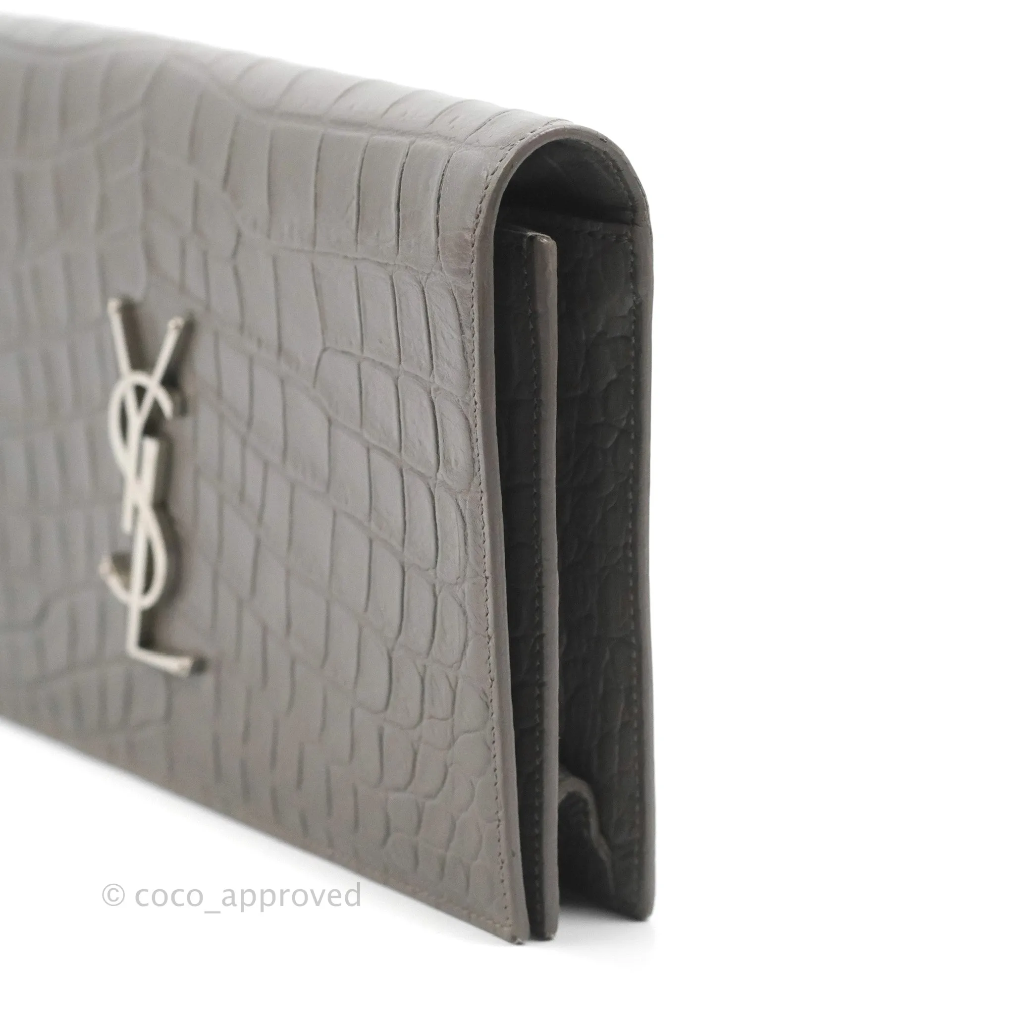 Saint Laurent Clutch Bag Grey Croc-Embossed Silver Hardware
