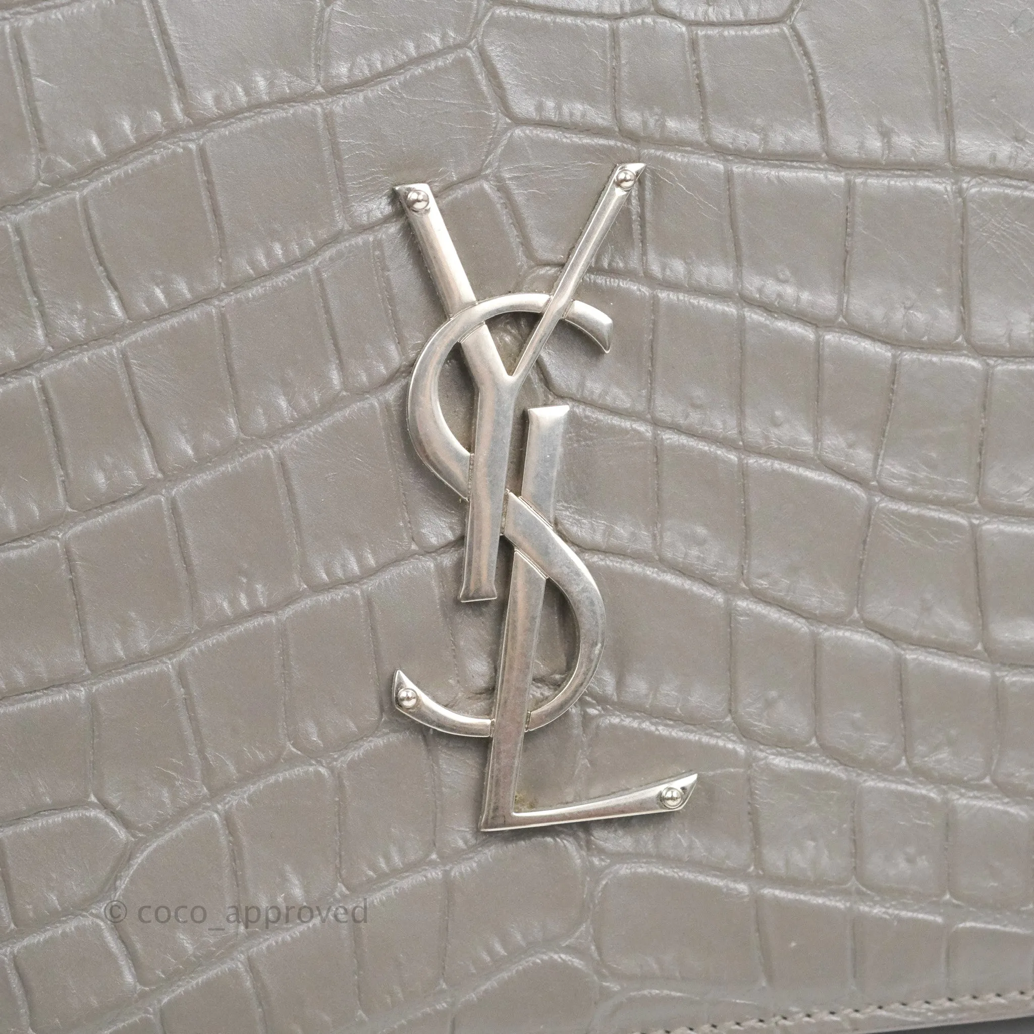 Saint Laurent Clutch Bag Grey Croc-Embossed Silver Hardware