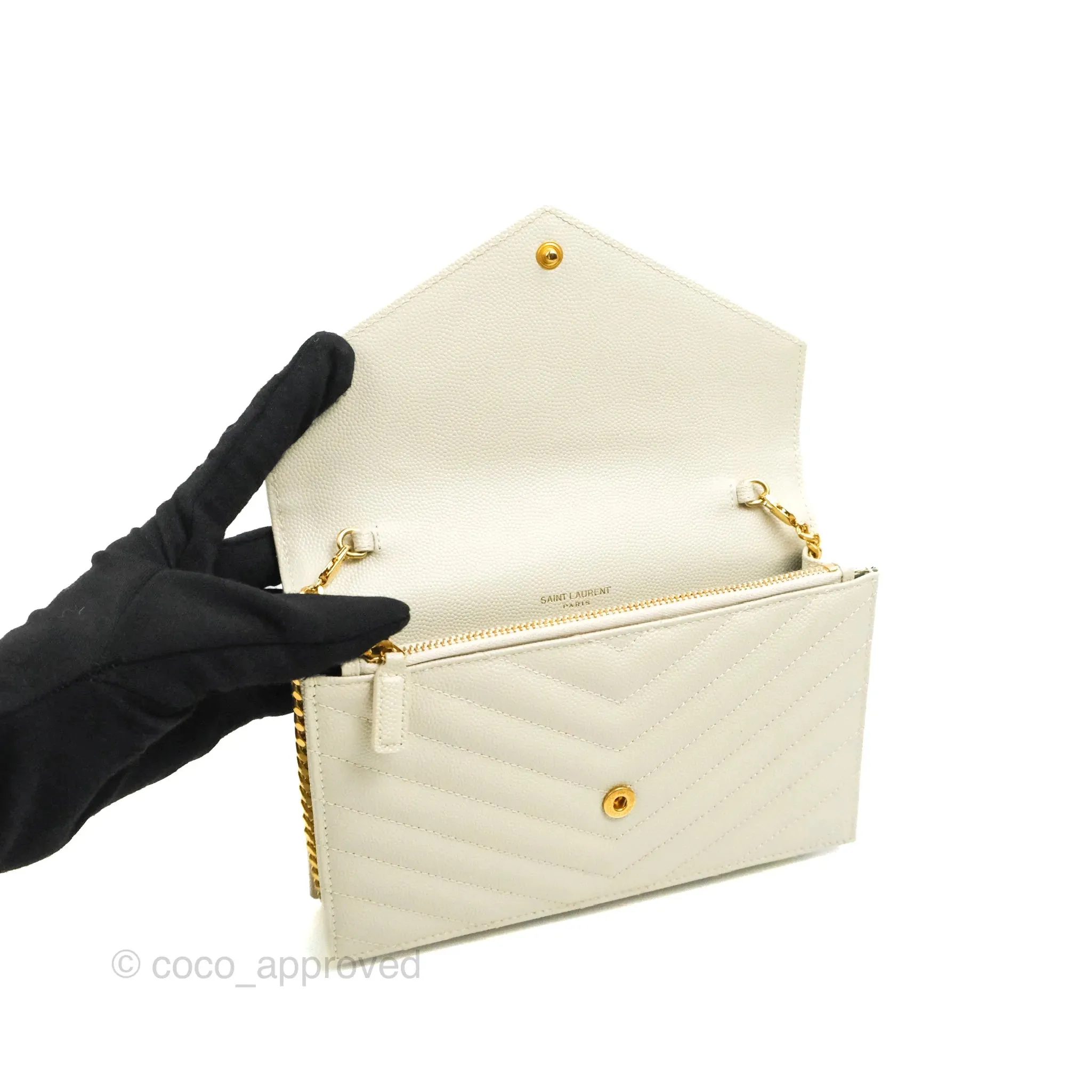 Saint Laurent Envelope Wallet On Chain Grained Leather Crema Soft Gold Hardware