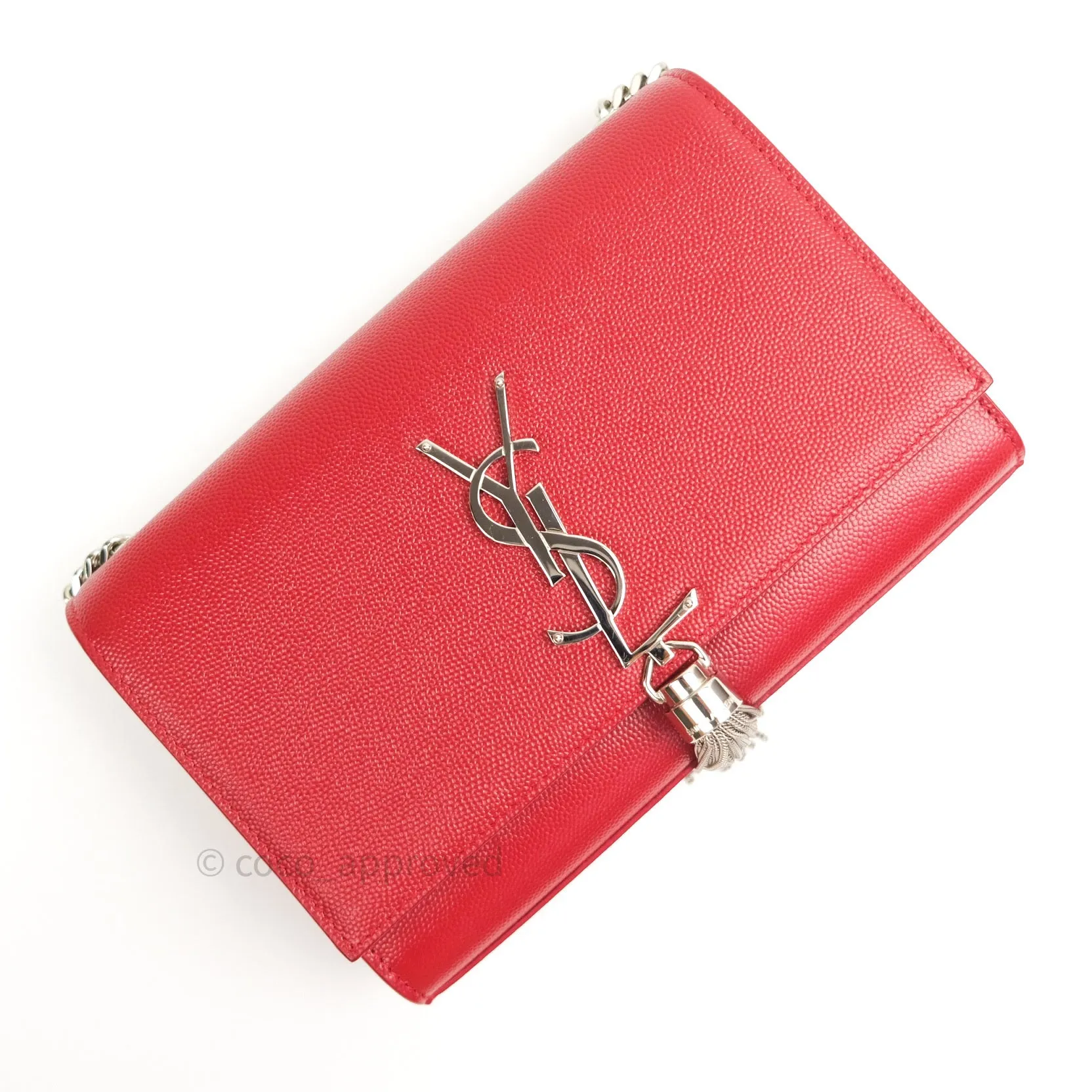 Saint Laurent Grained Calfskin Small Classic Monogram Kate Tassel Satchel Red