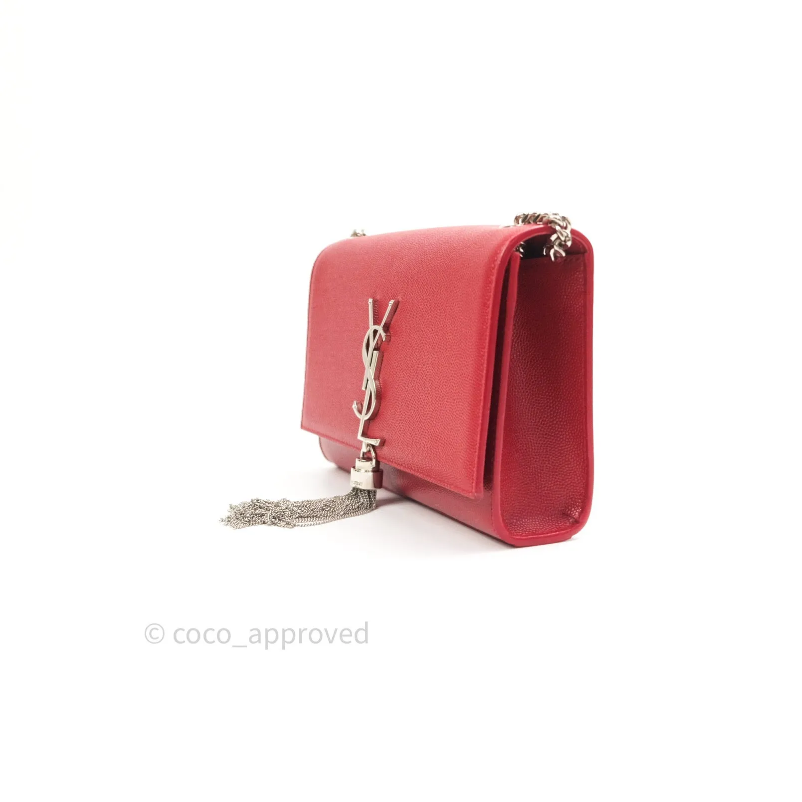 Saint Laurent Grained Calfskin Small Classic Monogram Kate Tassel Satchel Red