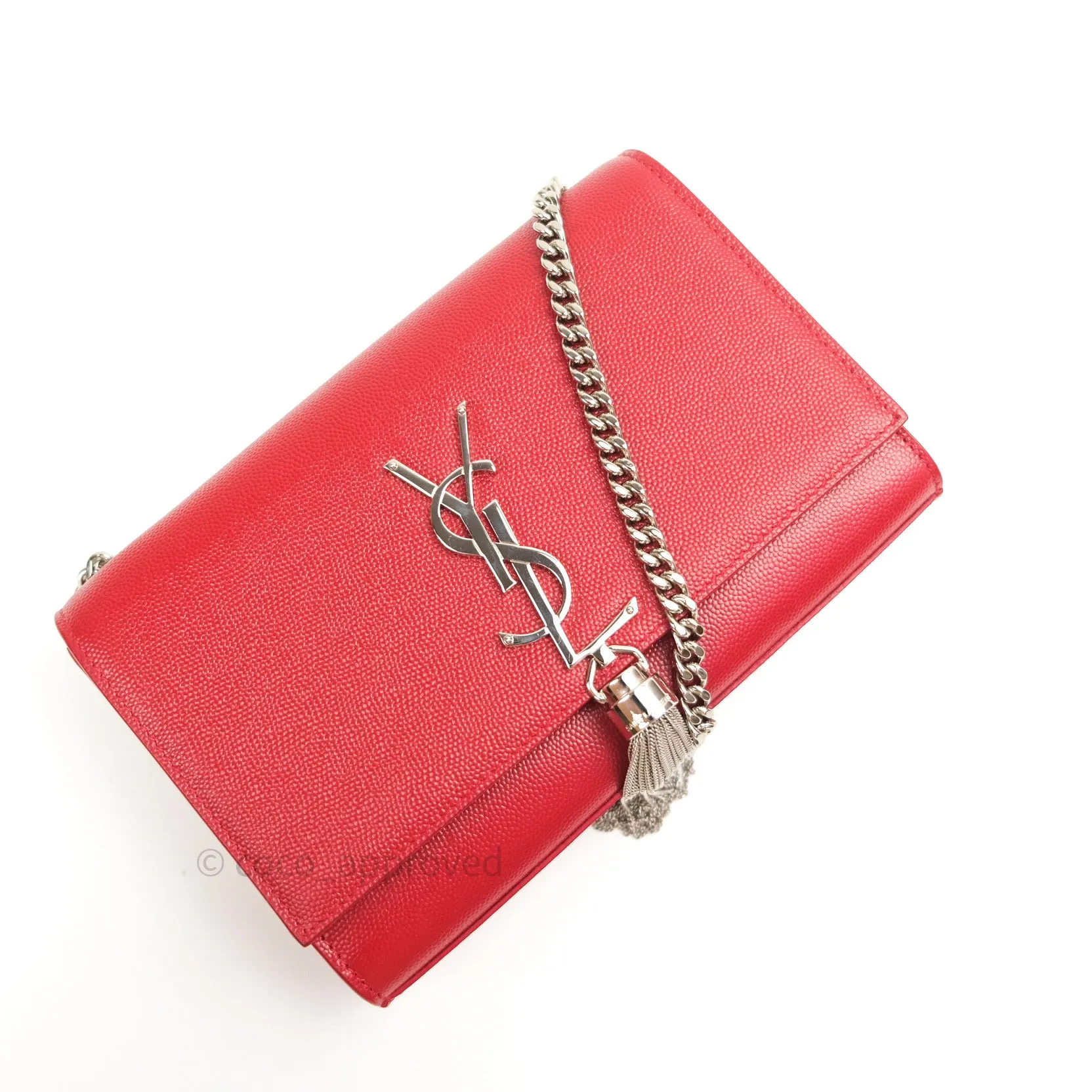 Saint Laurent Grained Calfskin Small Classic Monogram Kate Tassel Satchel Red