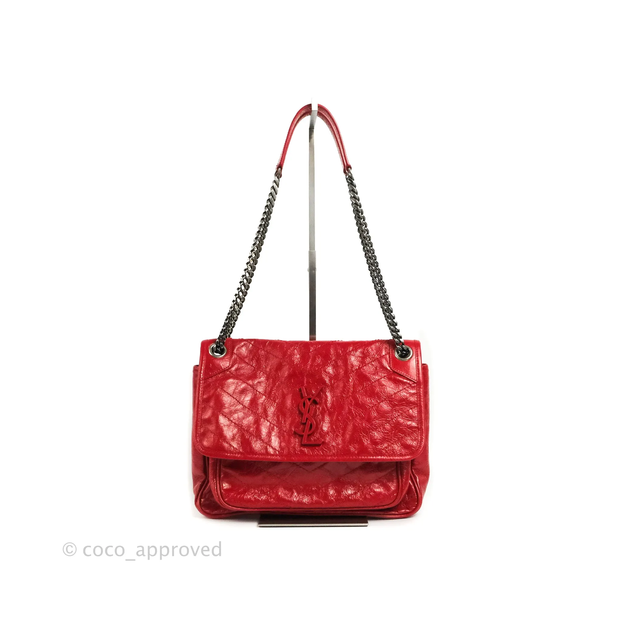 Saint Laurent Medium Crinkled Calfskin Matelasse Monogram Niki Chain Satchel Red Ruthenium Hardware