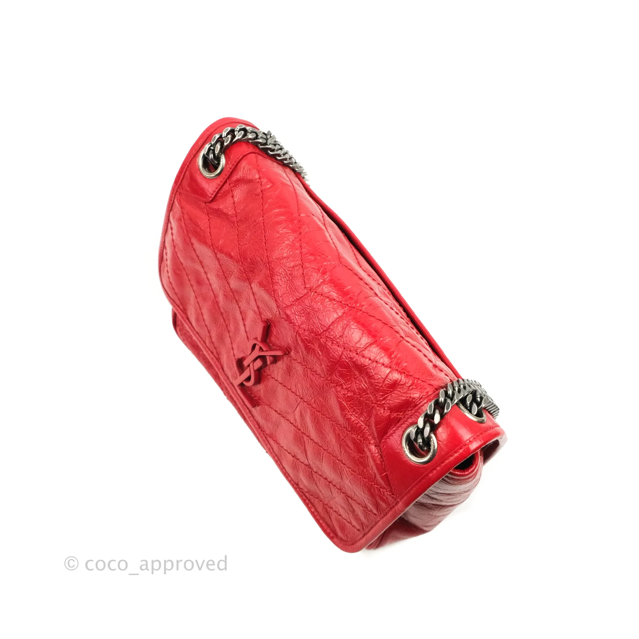 Saint Laurent Medium Crinkled Calfskin Matelasse Monogram Niki Chain Satchel Red Ruthenium Hardware