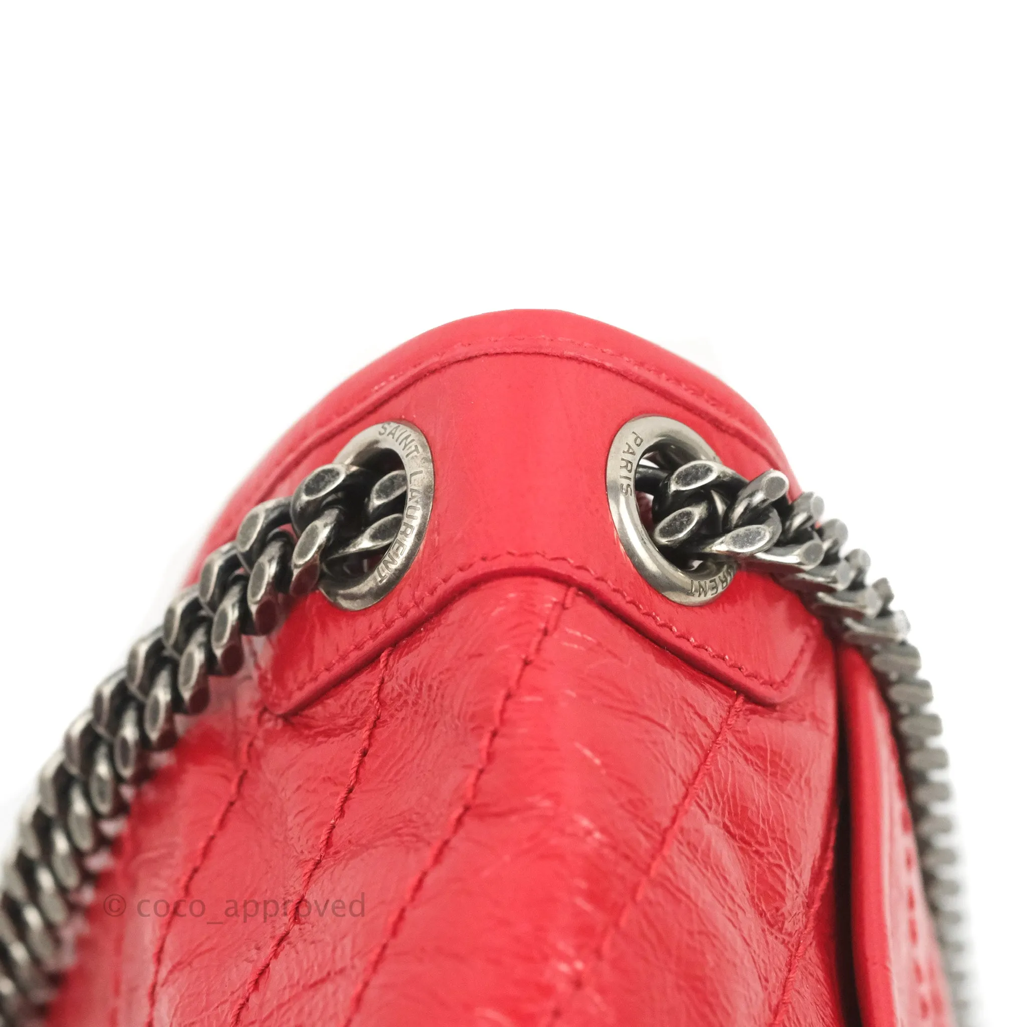Saint Laurent Medium Crinkled Calfskin Matelasse Monogram Niki Chain Satchel Red Ruthenium Hardware