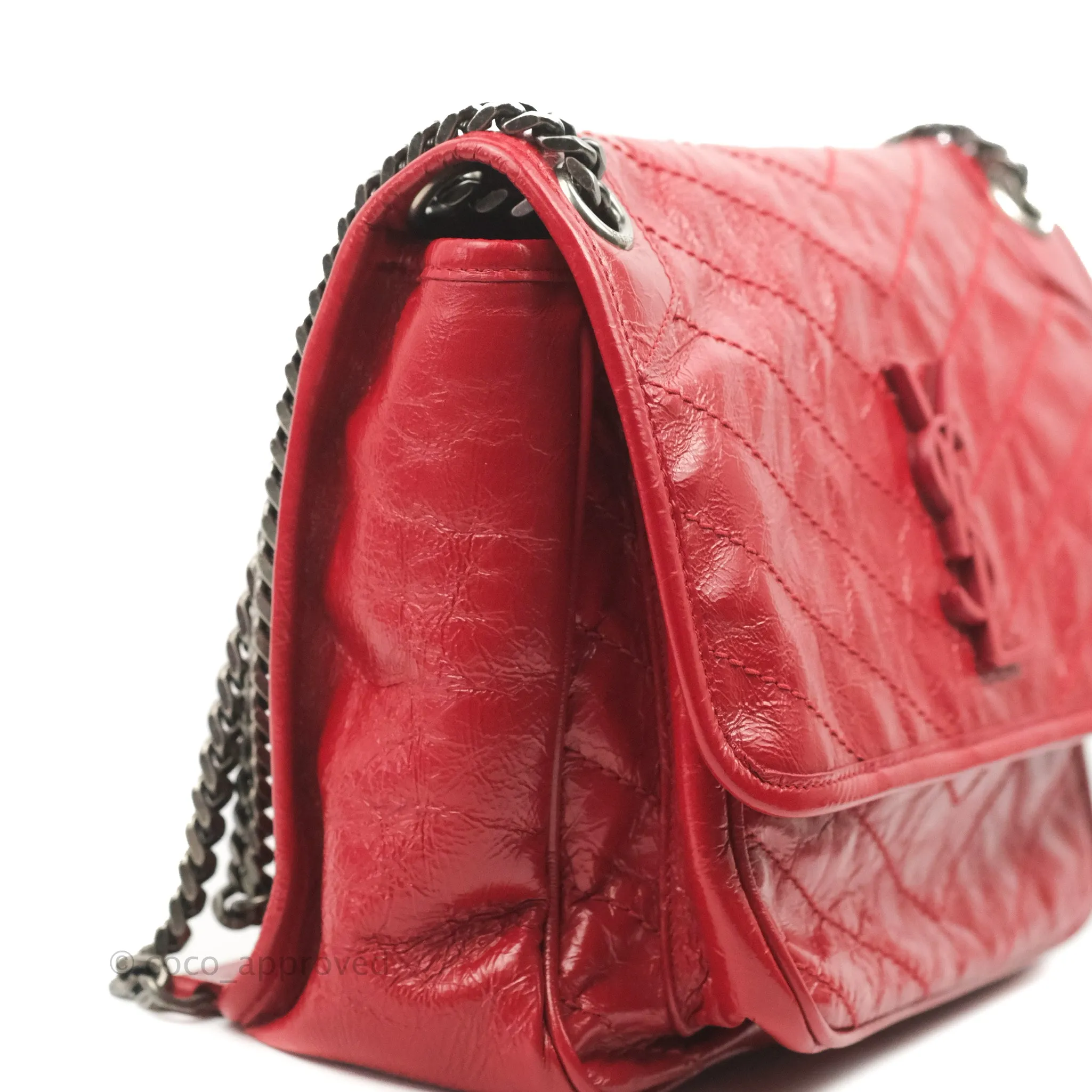 Saint Laurent Medium Crinkled Calfskin Matelasse Monogram Niki Chain Satchel Red Ruthenium Hardware