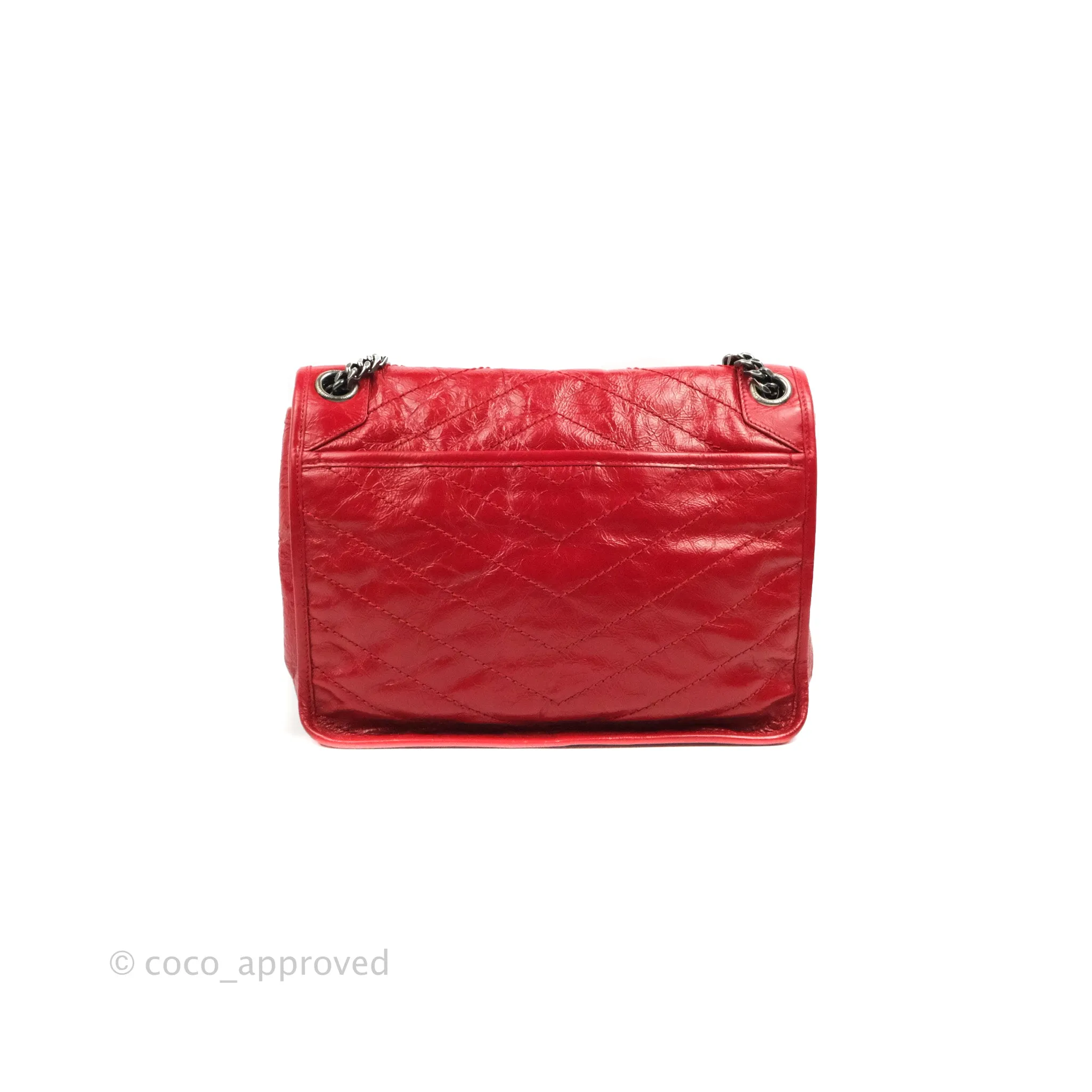 Saint Laurent Medium Crinkled Calfskin Matelasse Monogram Niki Chain Satchel Red Ruthenium Hardware