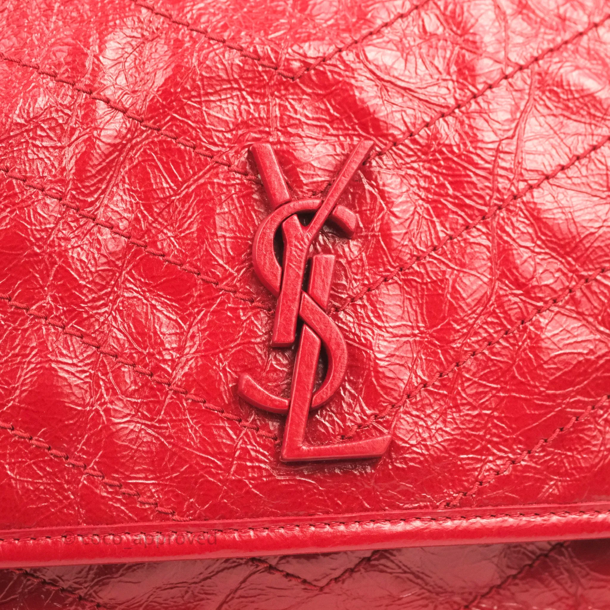 Saint Laurent Medium Crinkled Calfskin Matelasse Monogram Niki Chain Satchel Red Ruthenium Hardware
