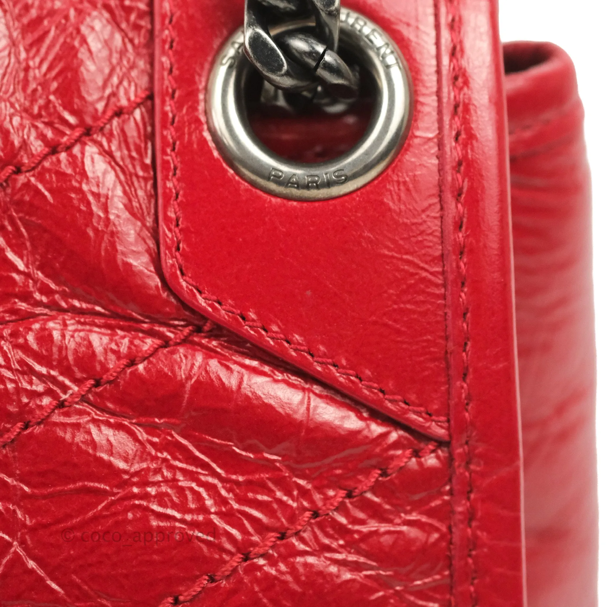 Saint Laurent Medium Crinkled Calfskin Matelasse Monogram Niki Chain Satchel Red Ruthenium Hardware