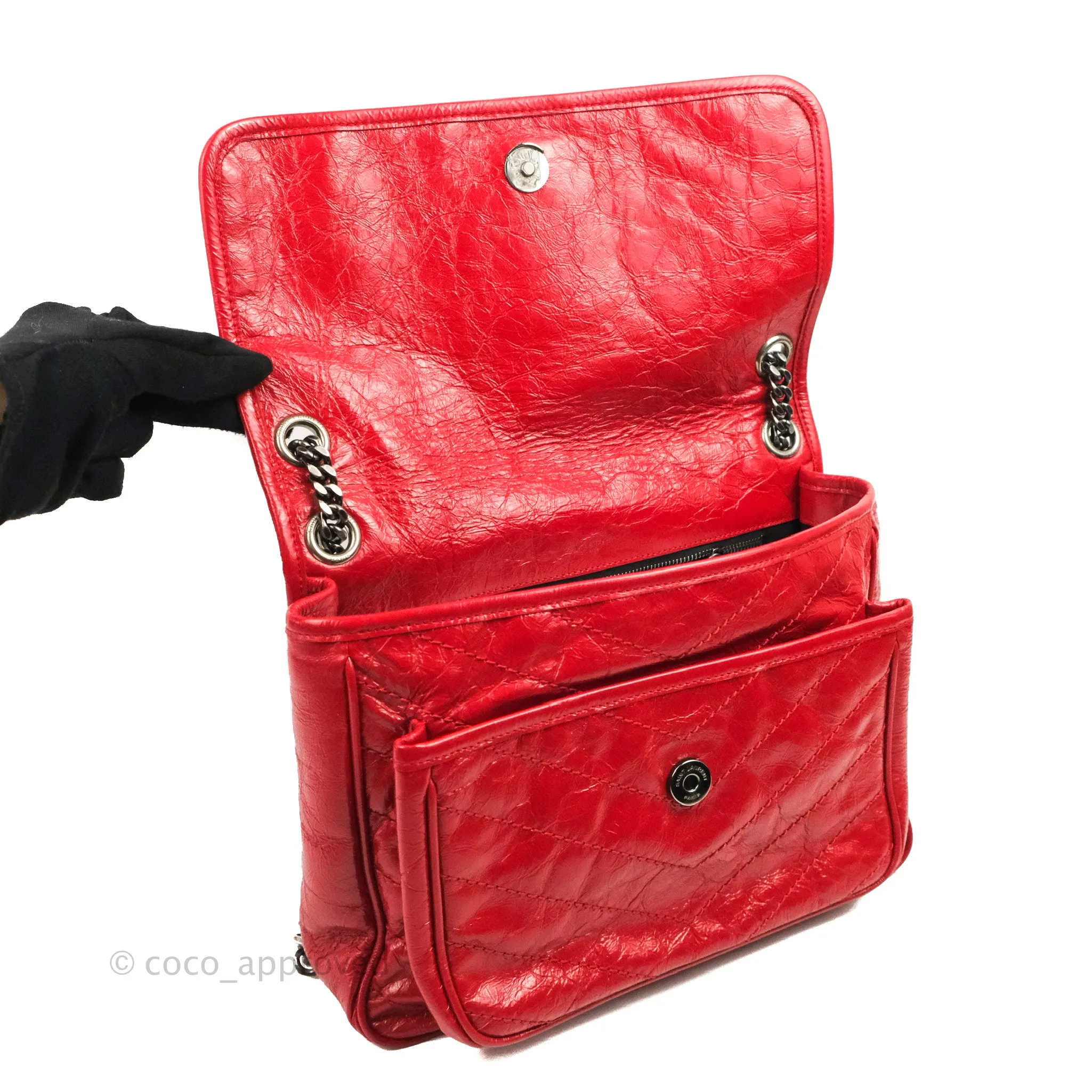 Saint Laurent Medium Crinkled Calfskin Matelasse Monogram Niki Chain Satchel Red Ruthenium Hardware