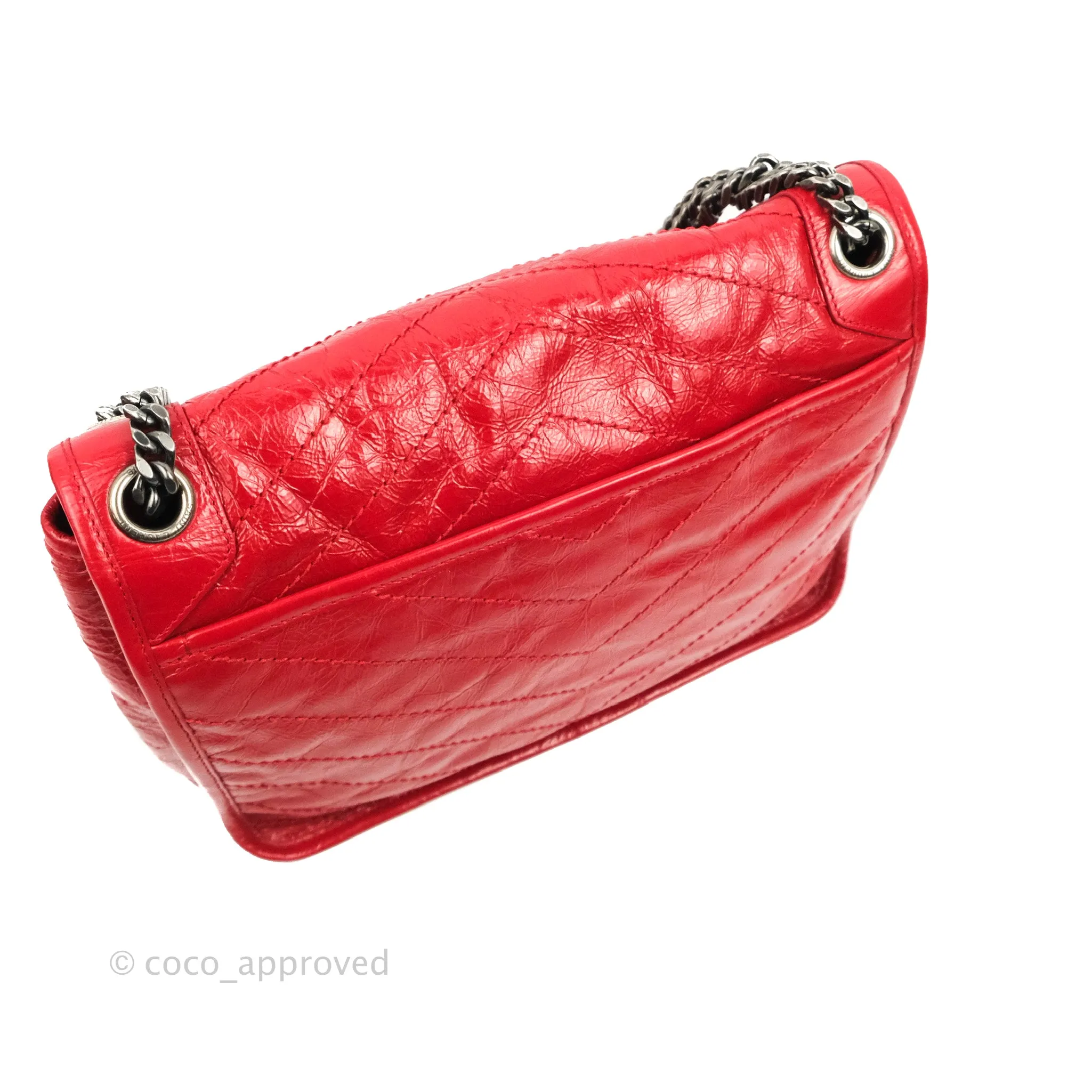 Saint Laurent Medium Crinkled Calfskin Matelasse Monogram Niki Chain Satchel Red Ruthenium Hardware