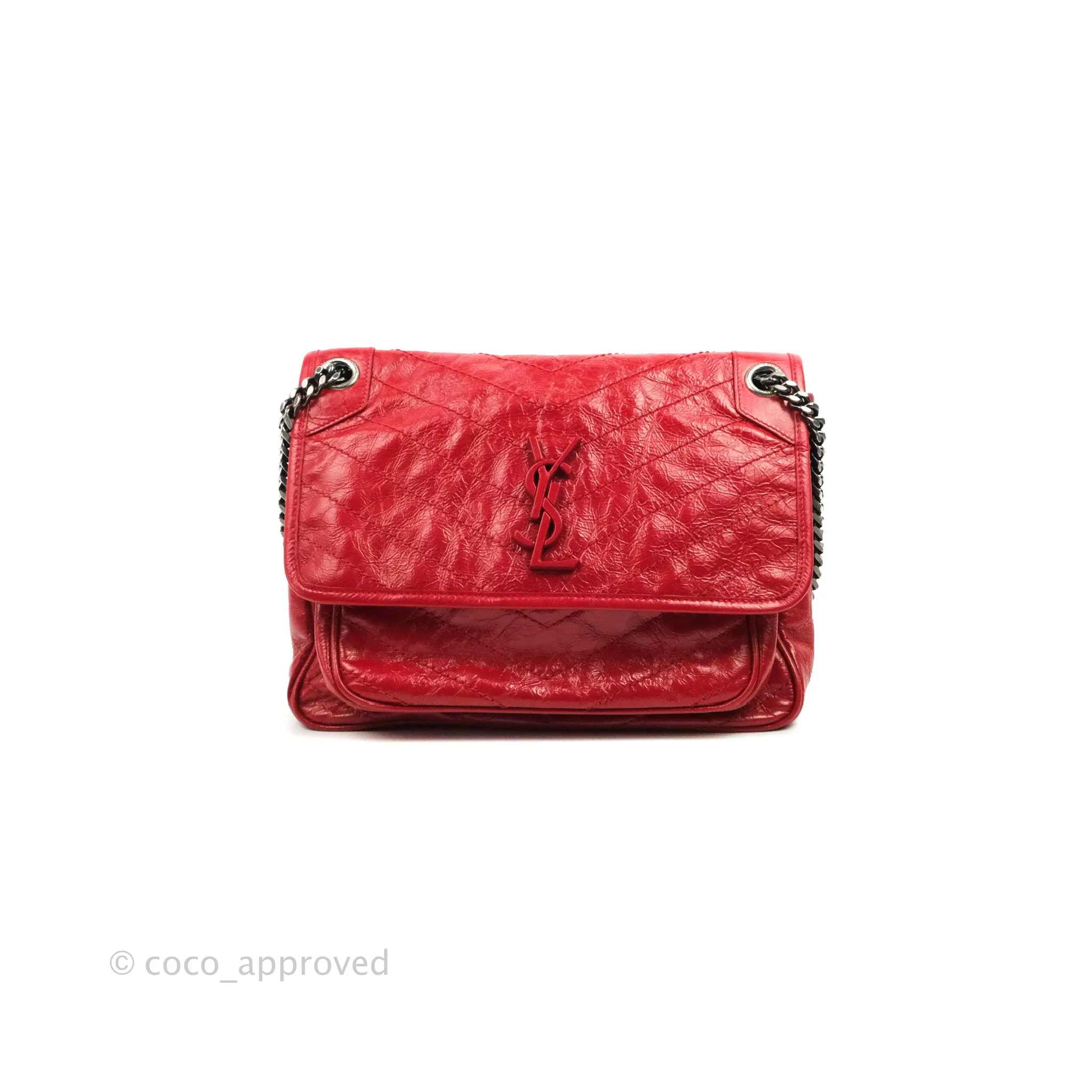 Saint Laurent Medium Crinkled Calfskin Matelasse Monogram Niki Chain Satchel Red Ruthenium Hardware