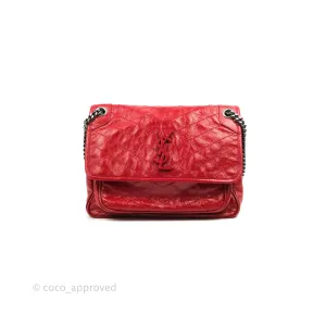 Saint Laurent Medium Crinkled Calfskin Matelasse Monogram Niki Chain Satchel Red Ruthenium Hardware