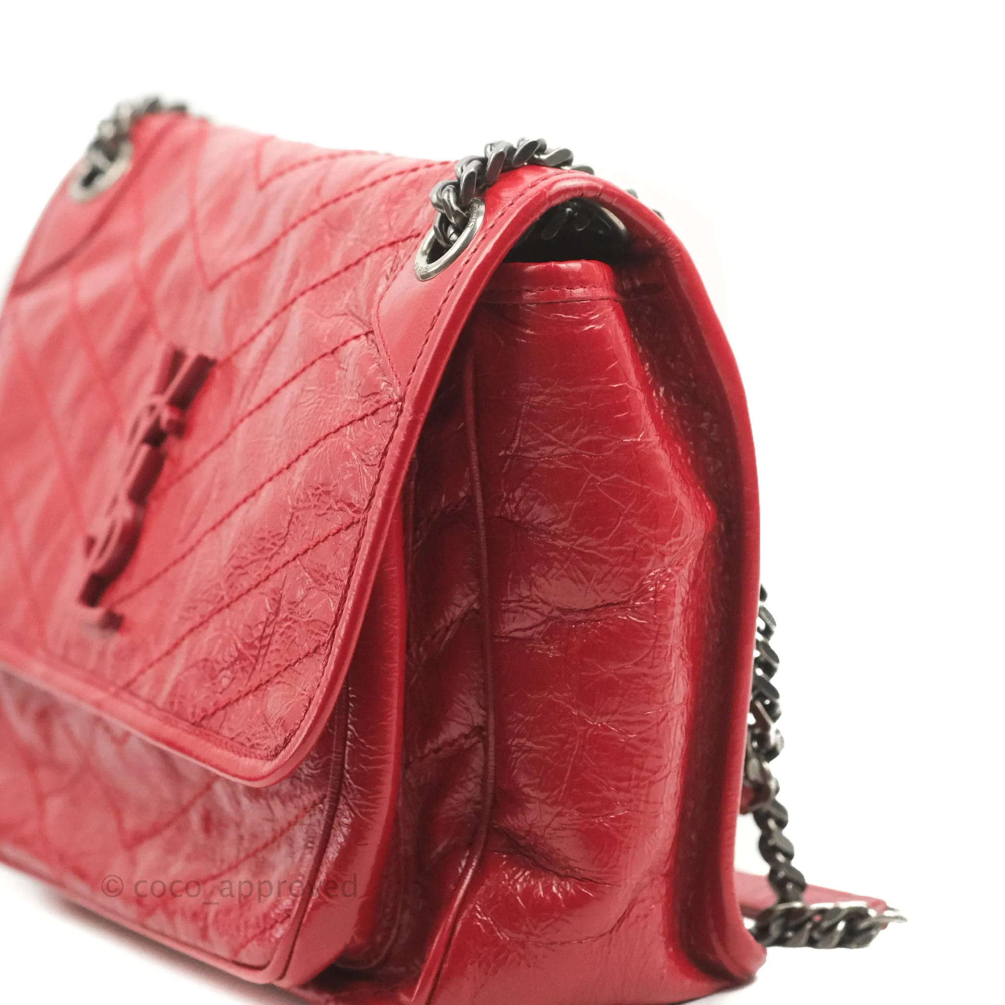 Saint Laurent Medium Crinkled Calfskin Matelasse Monogram Niki Chain Satchel Red Ruthenium Hardware