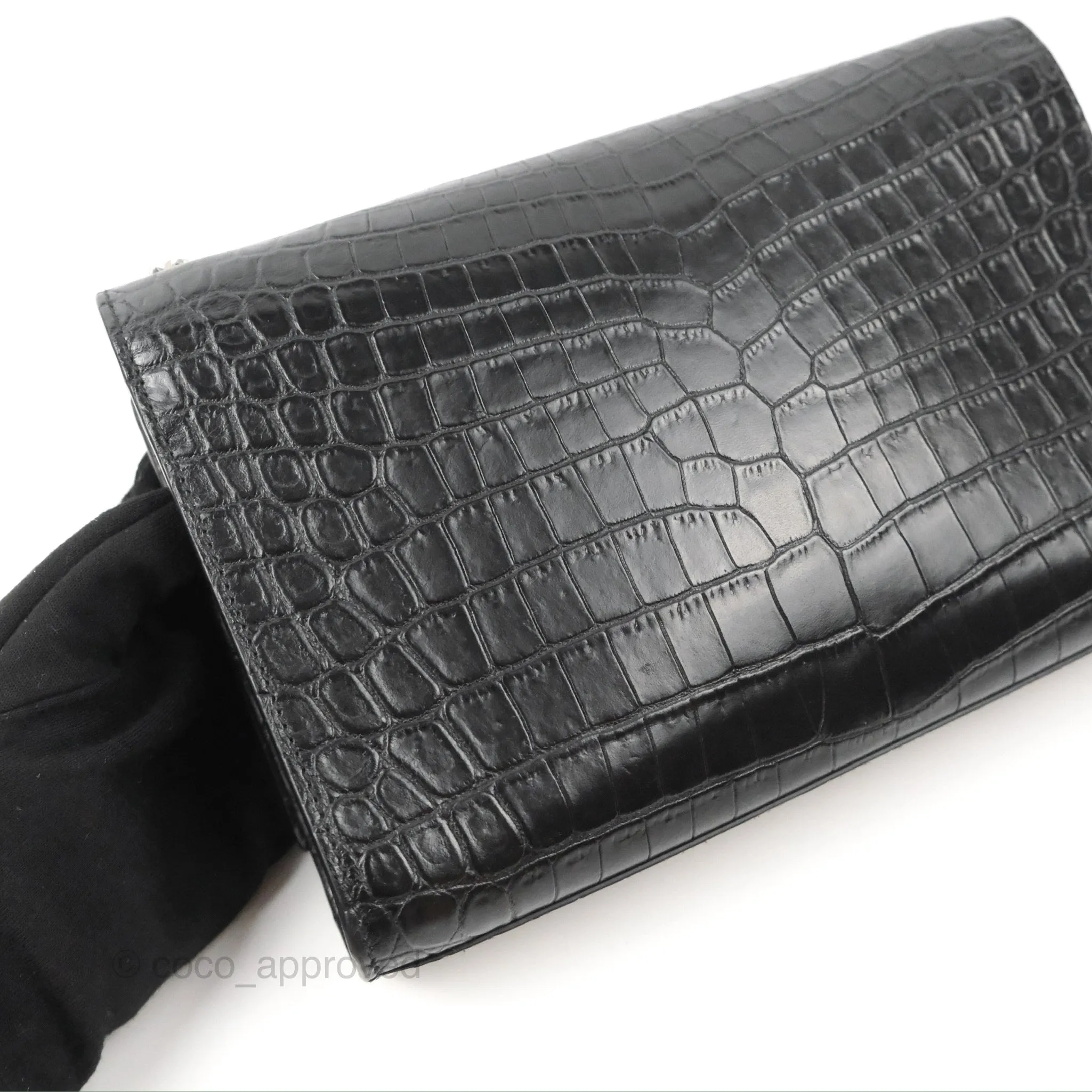 Saint Laurent Medium Kate Tassel Chain Bag Black Crocodile Embossed Calfskin Silver Hardware
