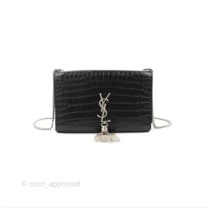 Saint Laurent Medium Kate Tassel Chain Bag Black Crocodile Embossed Calfskin Silver Hardware
