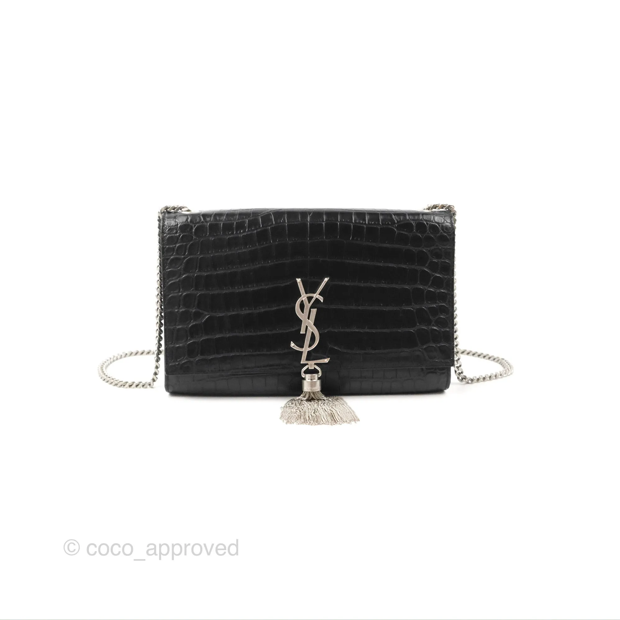 Saint Laurent Medium Kate Tassel Chain Bag Black Crocodile Embossed Calfskin Silver Hardware