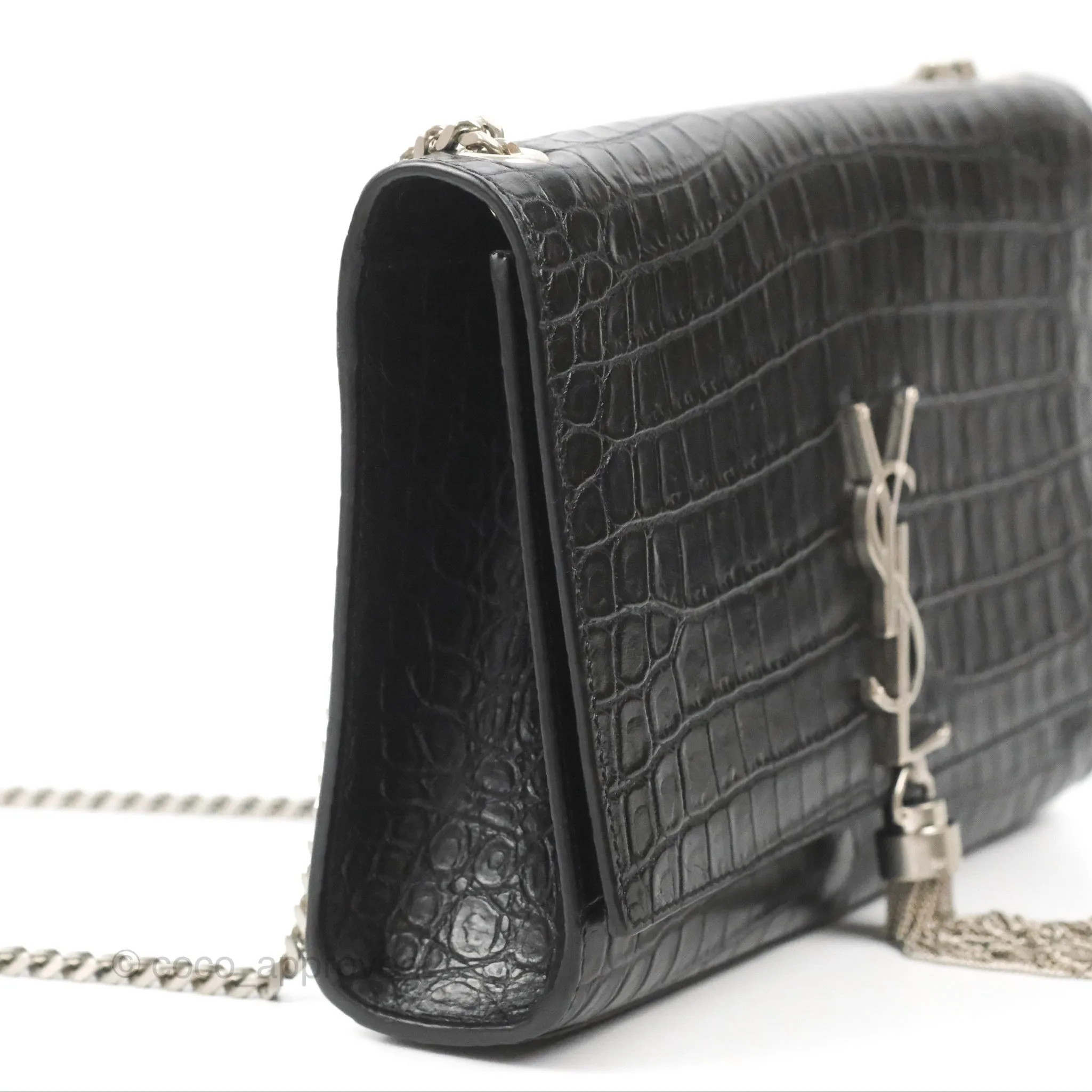 Saint Laurent Medium Kate Tassel Chain Bag Black Crocodile Embossed Calfskin Silver Hardware