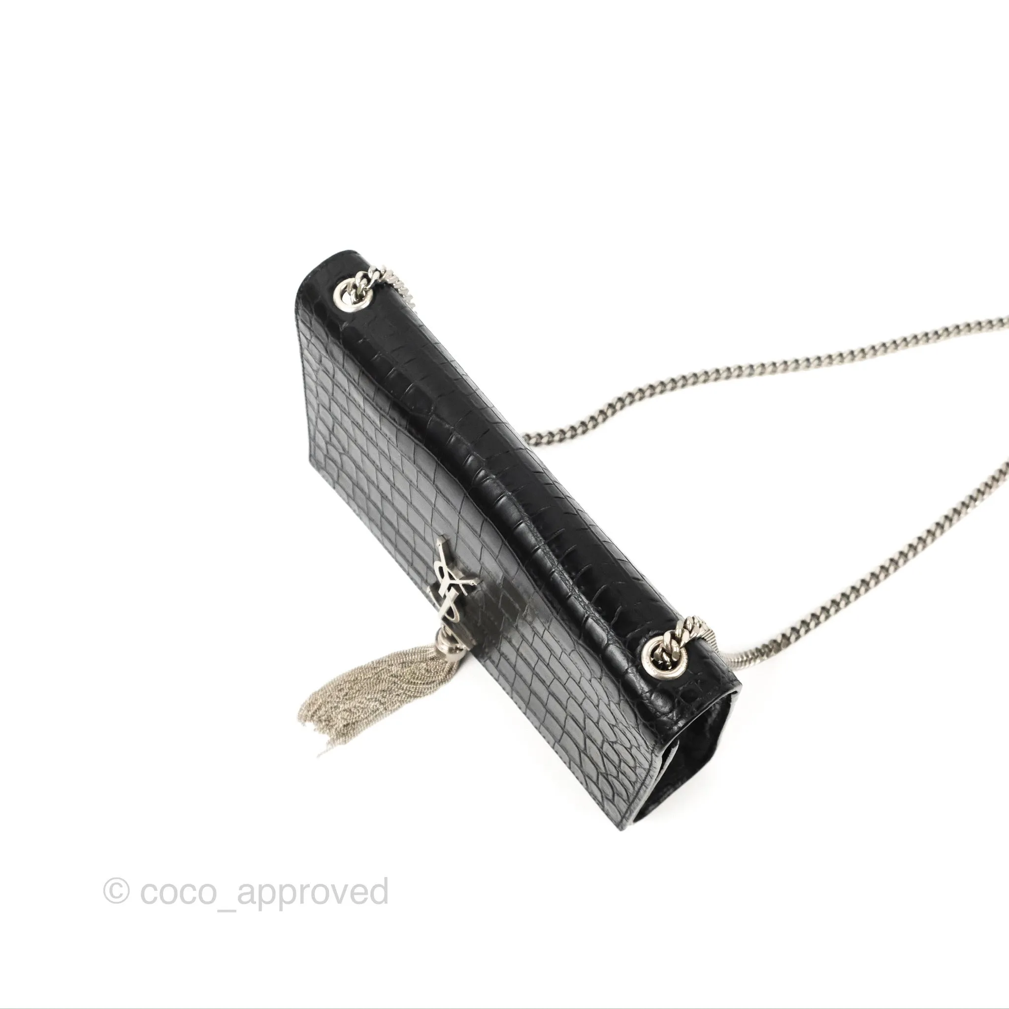 Saint Laurent Medium Kate Tassel Chain Bag Black Crocodile Embossed Calfskin Silver Hardware