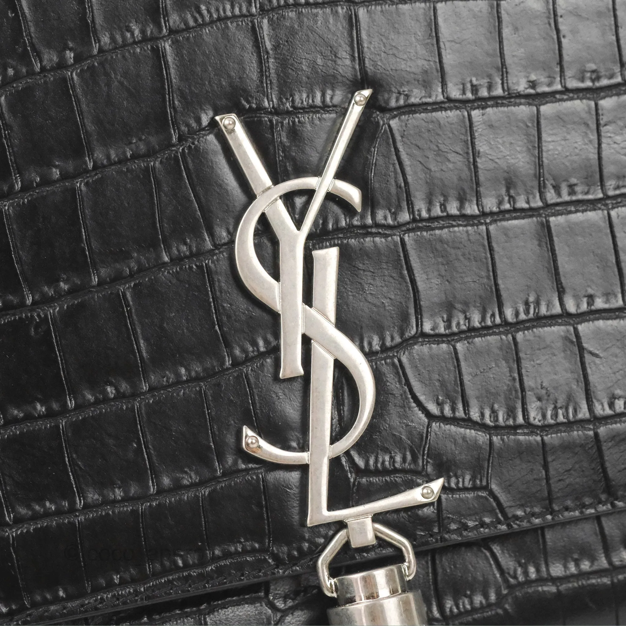 Saint Laurent Medium Kate Tassel Chain Bag Black Crocodile Embossed Calfskin Silver Hardware