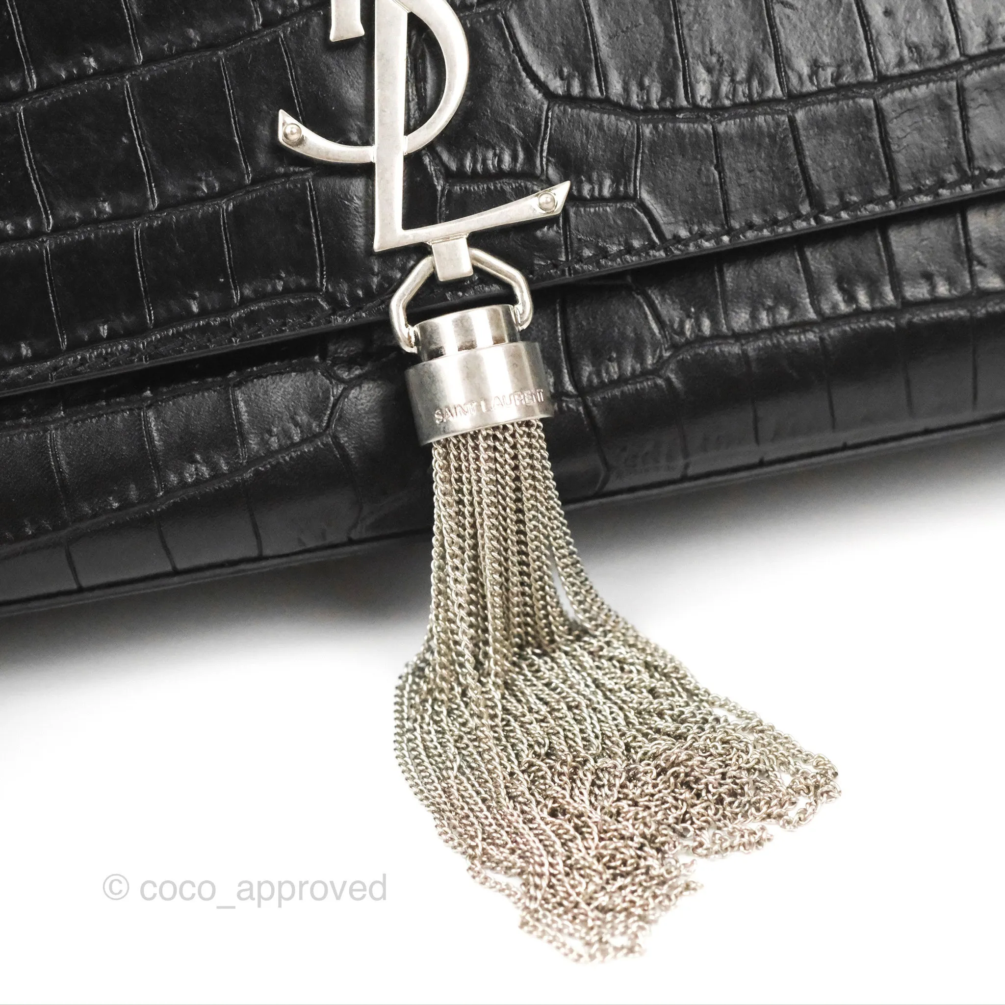 Saint Laurent Medium Kate Tassel Chain Bag Black Crocodile Embossed Calfskin Silver Hardware