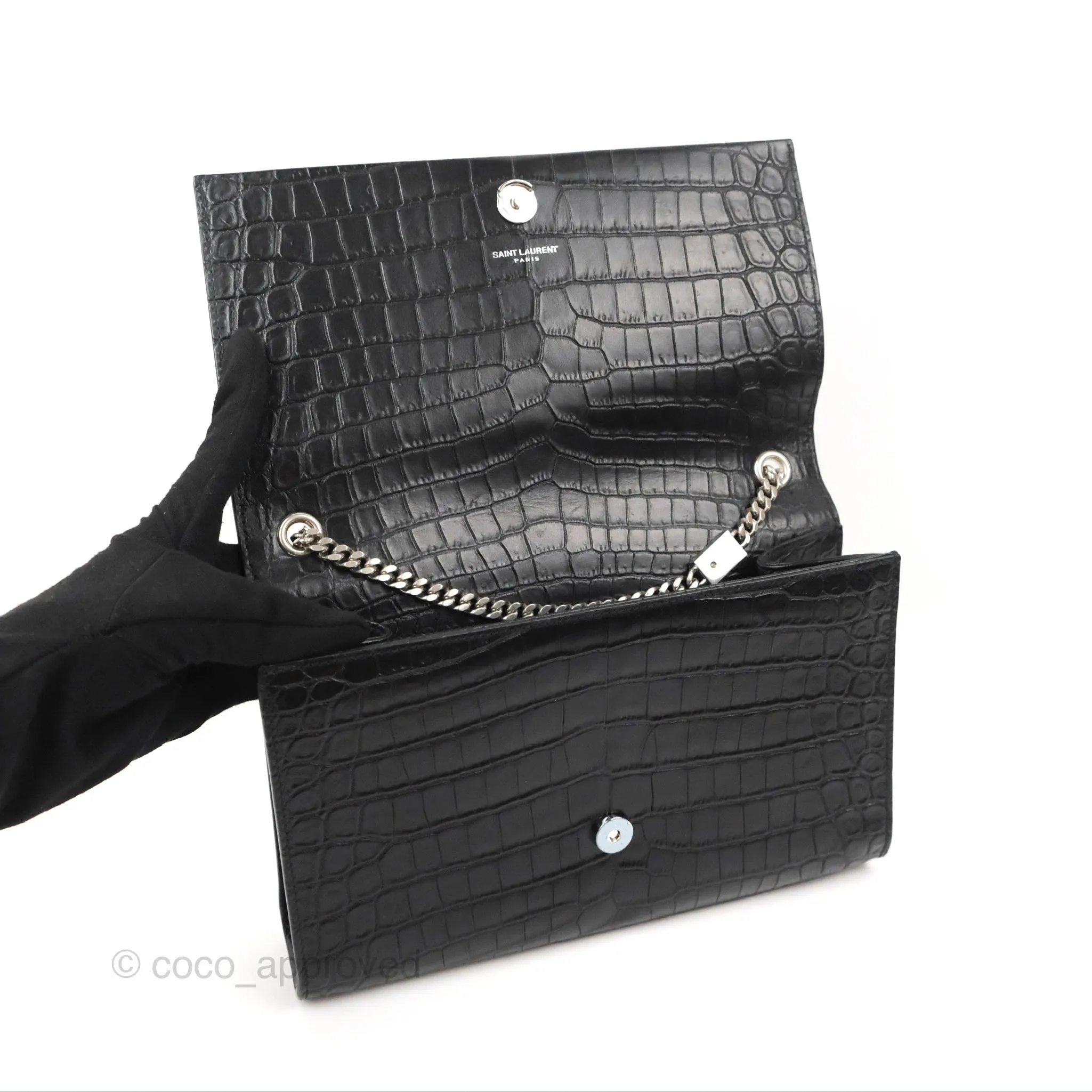 Saint Laurent Medium Kate Tassel Chain Bag Black Crocodile Embossed Calfskin Silver Hardware