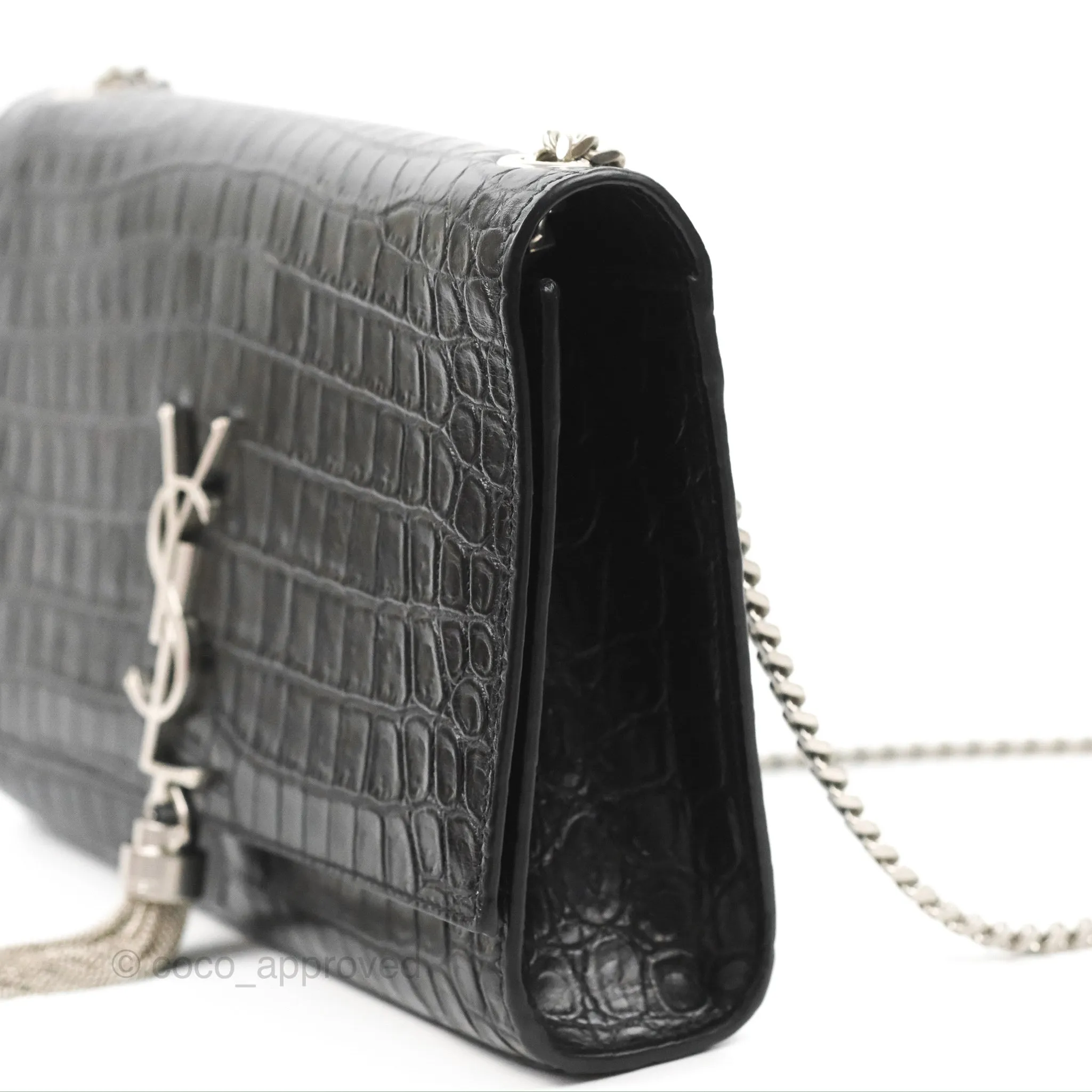 Saint Laurent Medium Kate Tassel Chain Bag Black Crocodile Embossed Calfskin Silver Hardware