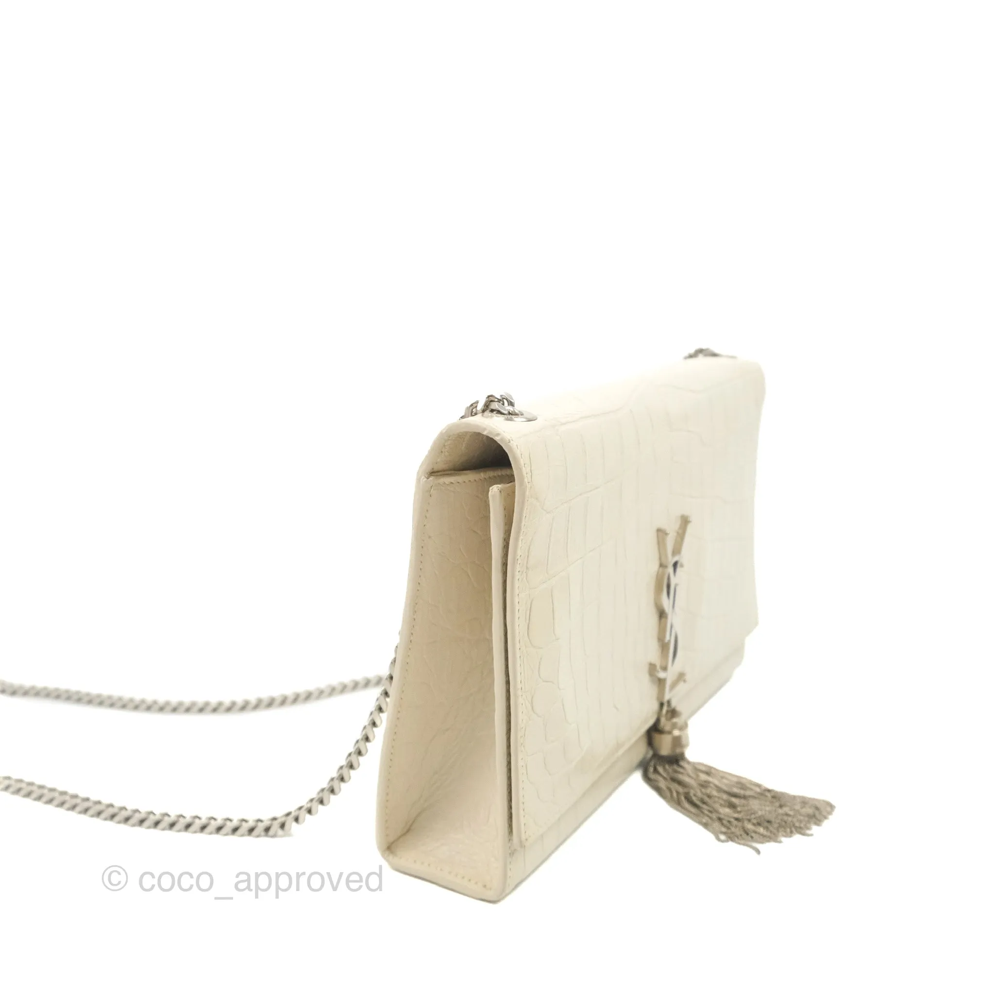 Saint Laurent Medium Kate Tassel Chain Bag Blanc Vintage Crocodile Embossed Calfskin Silver Hardware