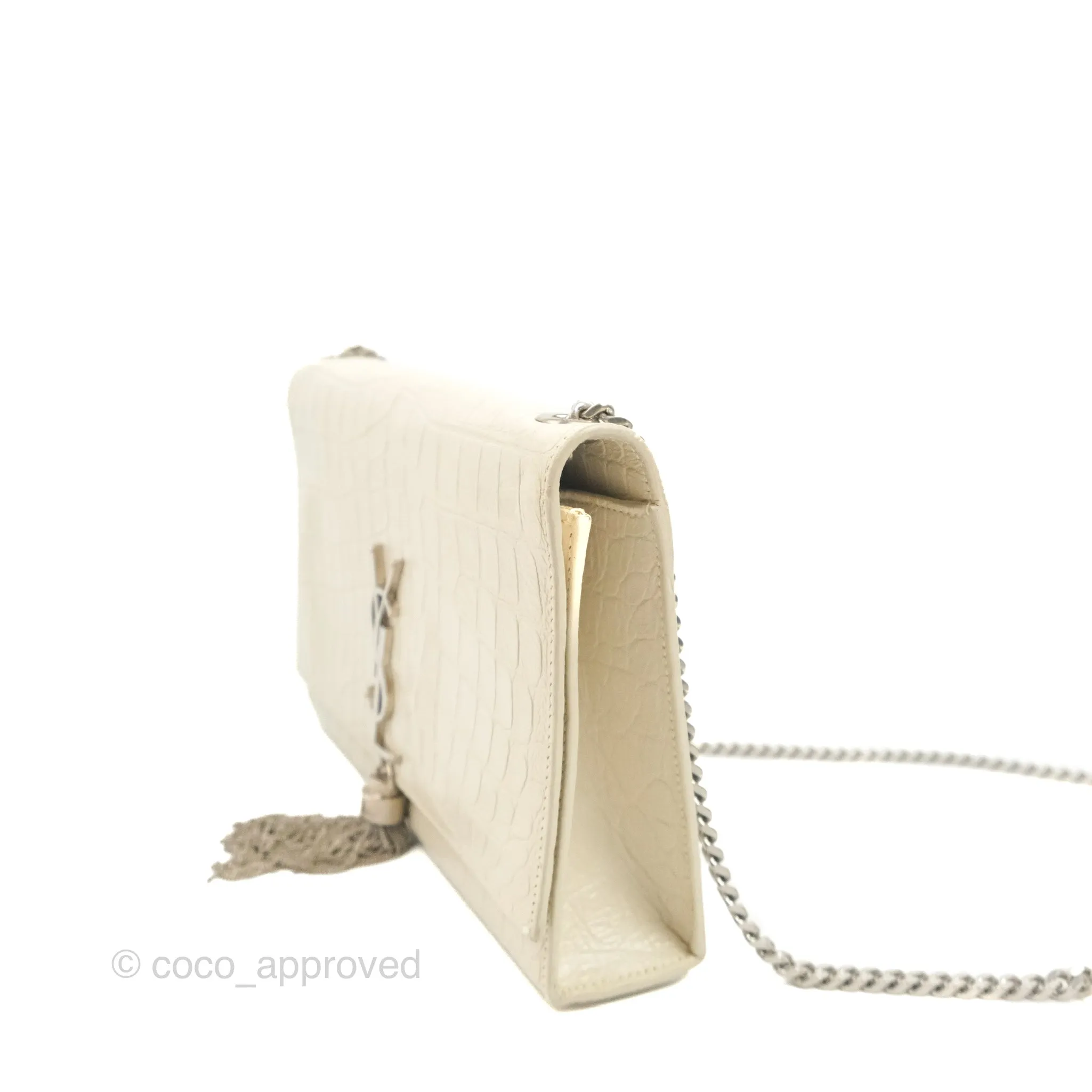 Saint Laurent Medium Kate Tassel Chain Bag Blanc Vintage Crocodile Embossed Calfskin Silver Hardware