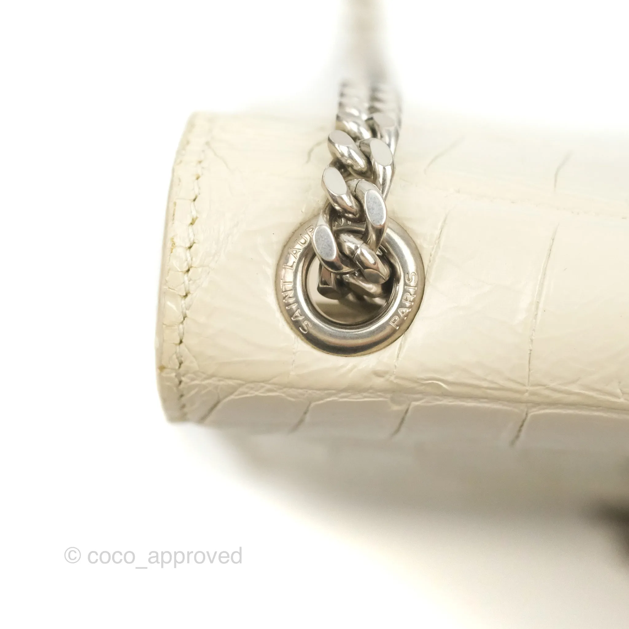 Saint Laurent Medium Kate Tassel Chain Bag Blanc Vintage Crocodile Embossed Calfskin Silver Hardware