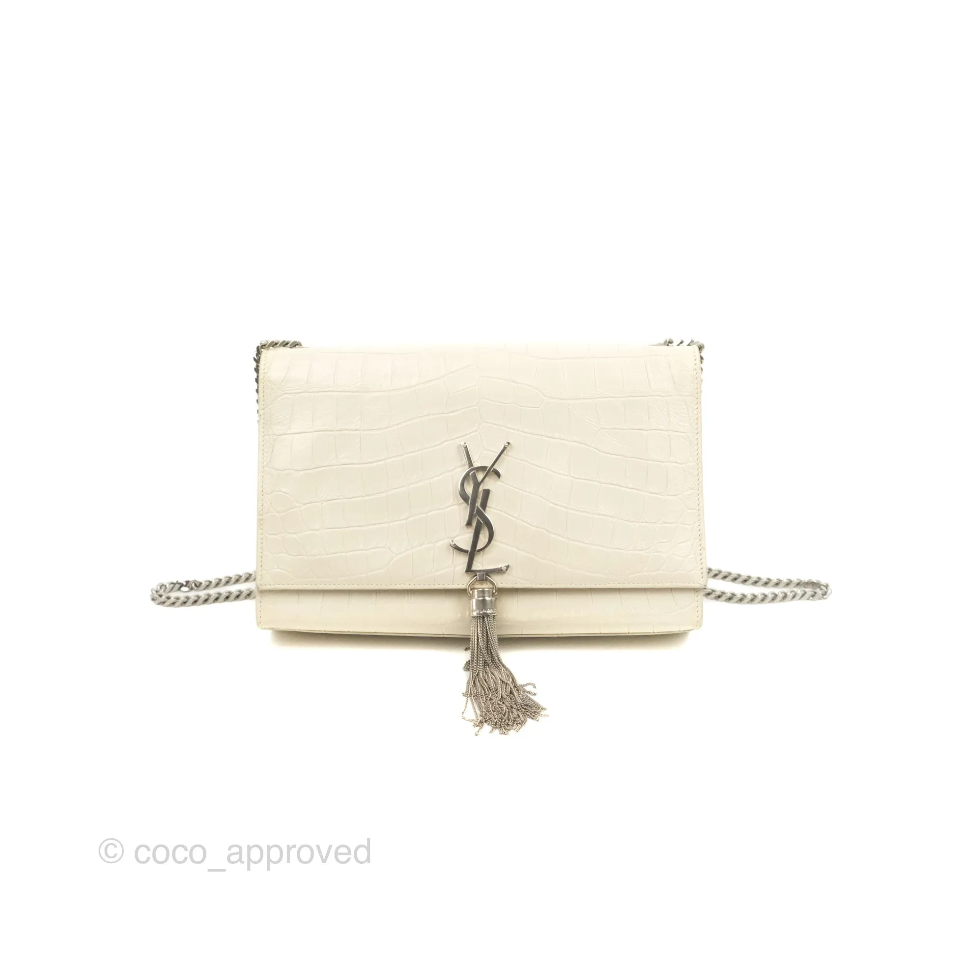 Saint Laurent Medium Kate Tassel Chain Bag Blanc Vintage Crocodile Embossed Calfskin Silver Hardware