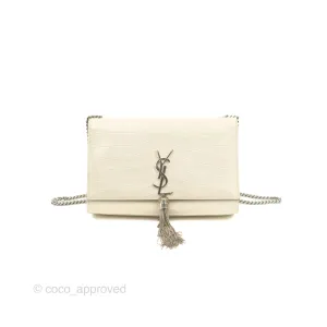 Saint Laurent Medium Kate Tassel Chain Bag Blanc Vintage Crocodile Embossed Calfskin Silver Hardware