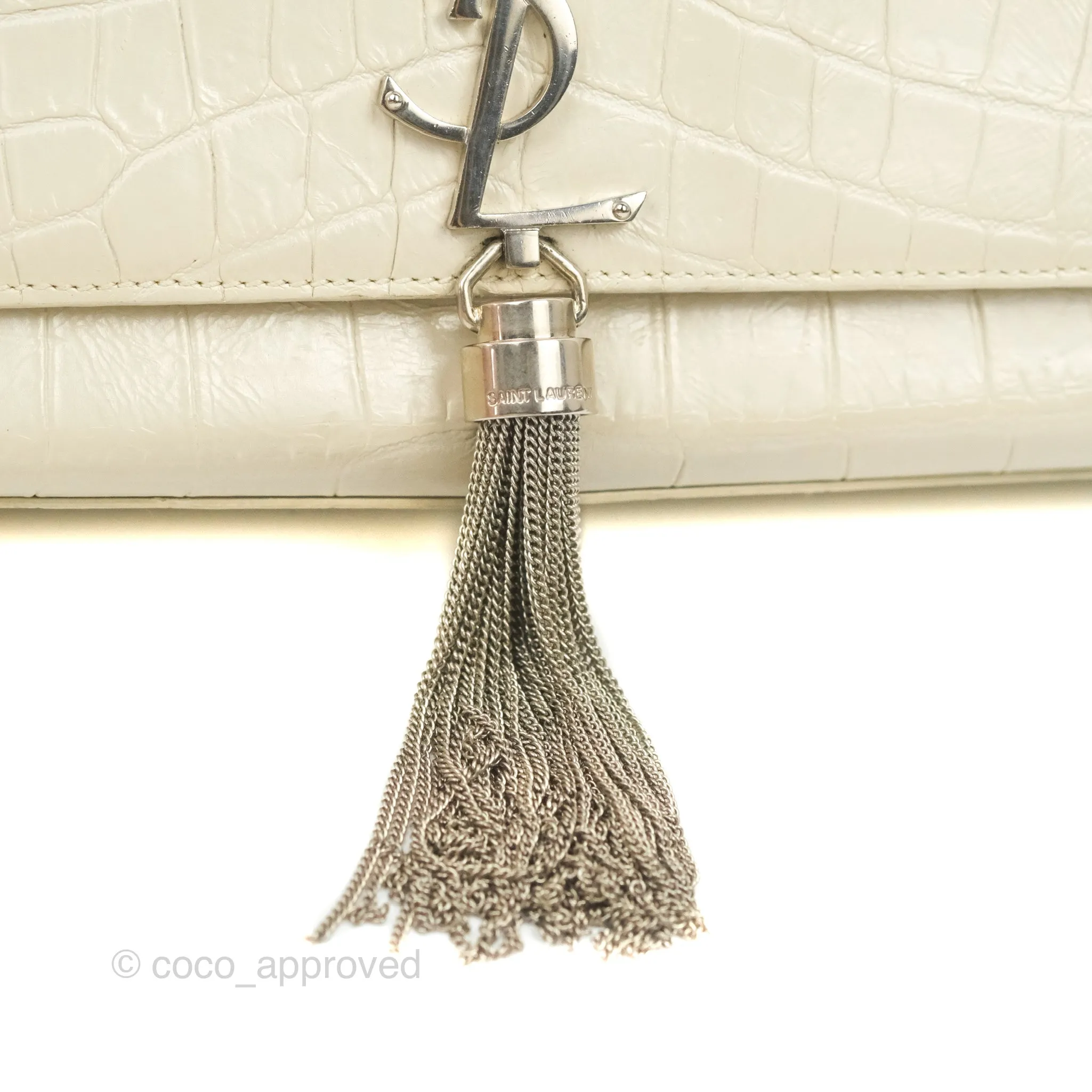 Saint Laurent Medium Kate Tassel Chain Bag Blanc Vintage Crocodile Embossed Calfskin Silver Hardware