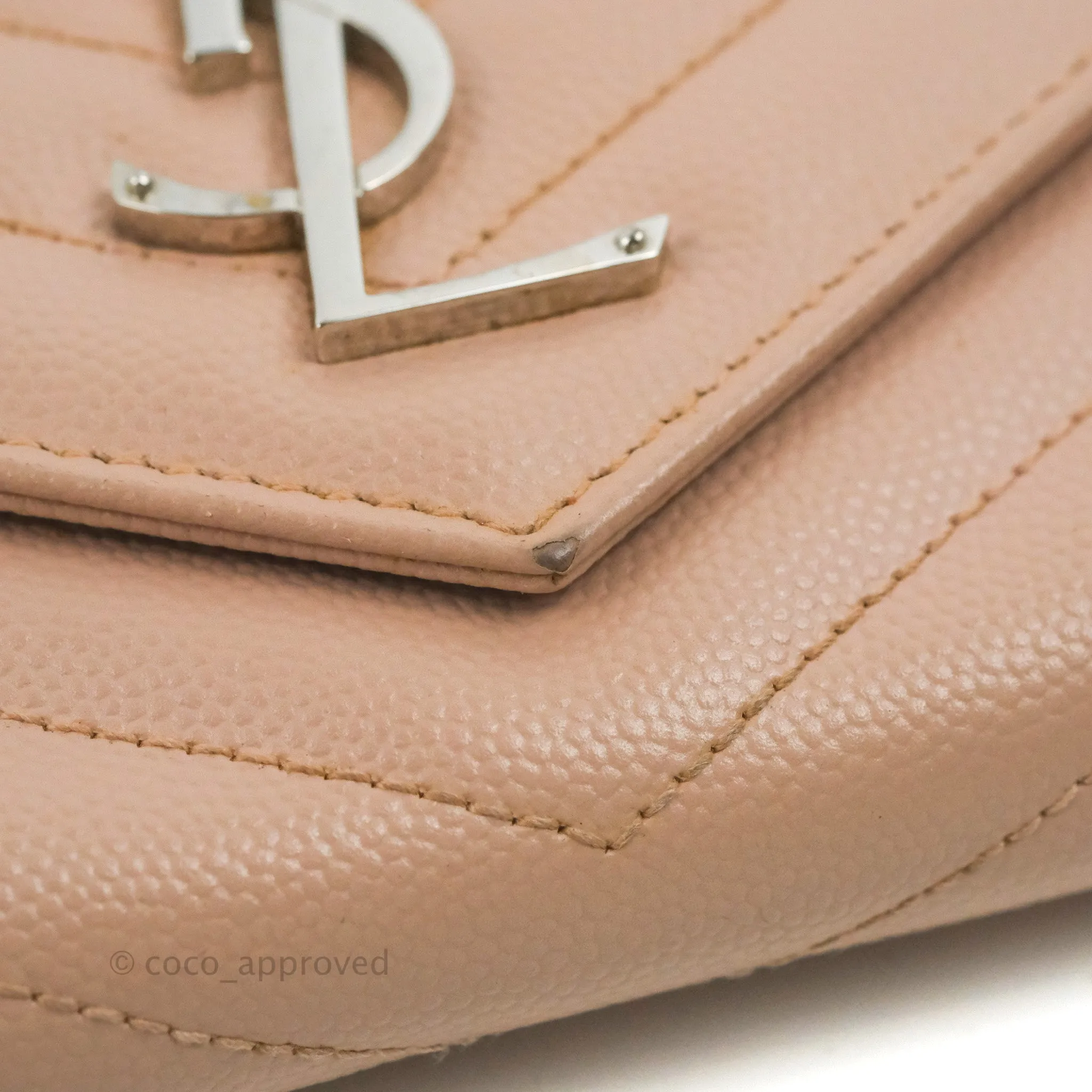 Saint Laurent Quilted Envelope Wallet Pink Grained Leather Silver Hardware