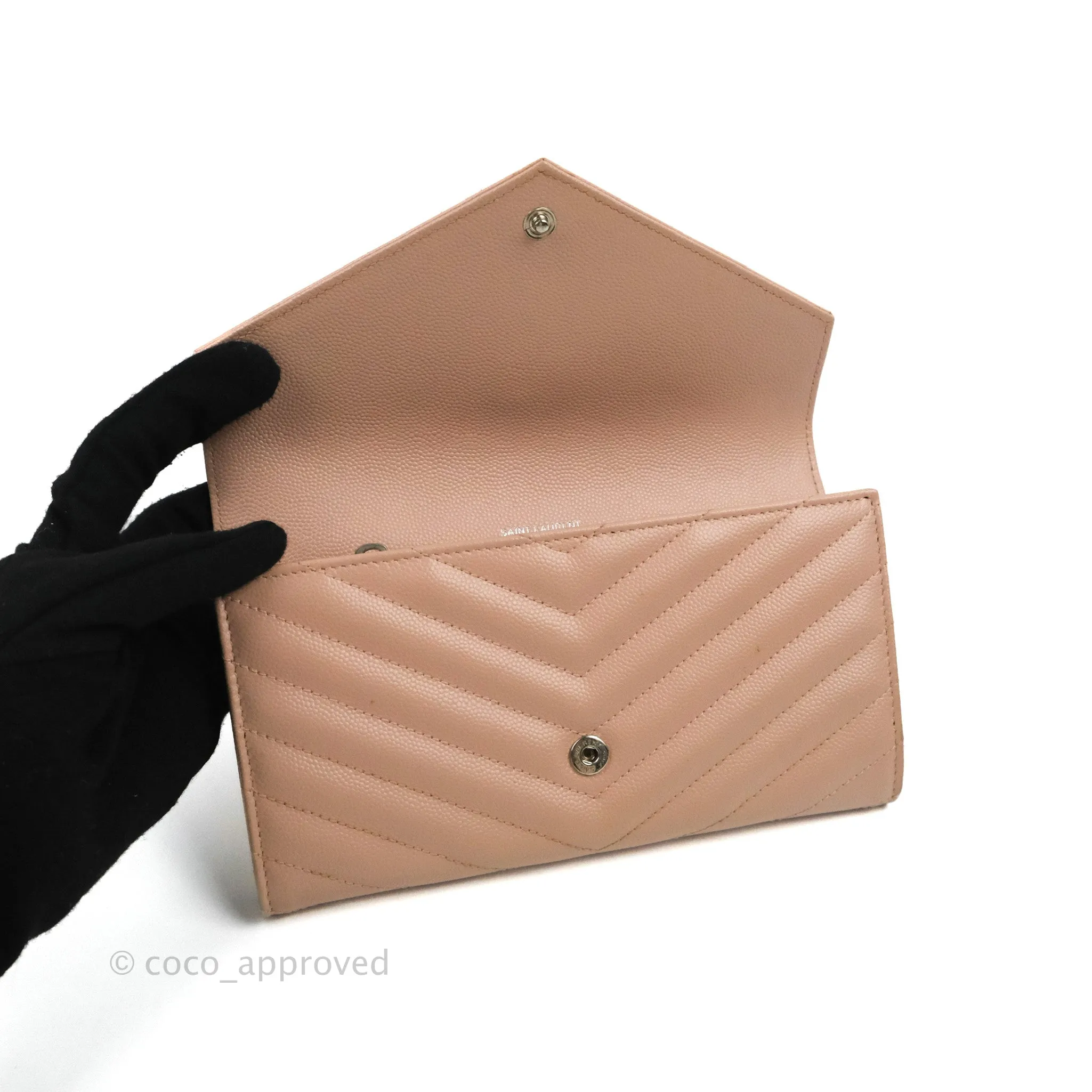 Saint Laurent Quilted Envelope Wallet Pink Grained Leather Silver Hardware