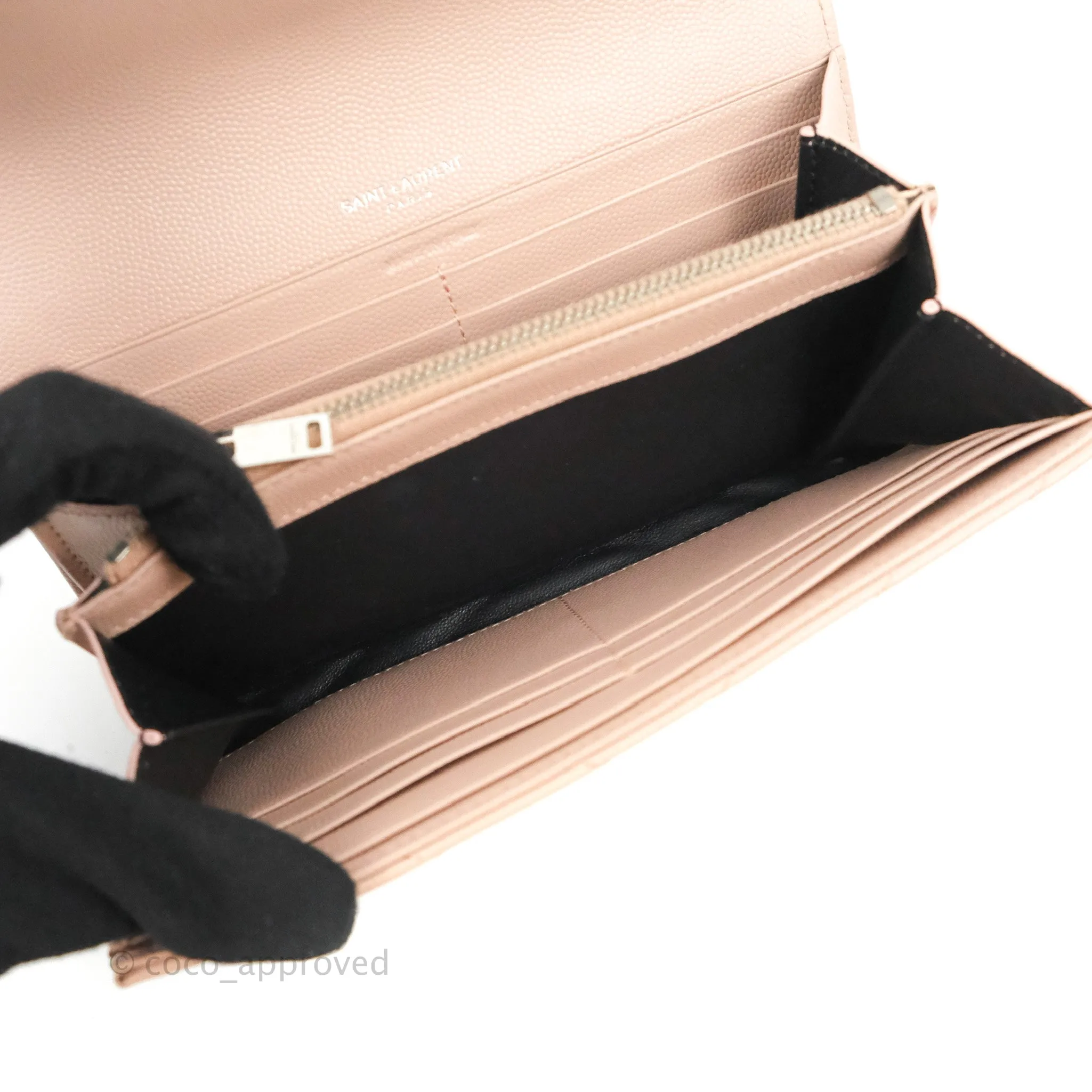 Saint Laurent Quilted Envelope Wallet Pink Grained Leather Silver Hardware